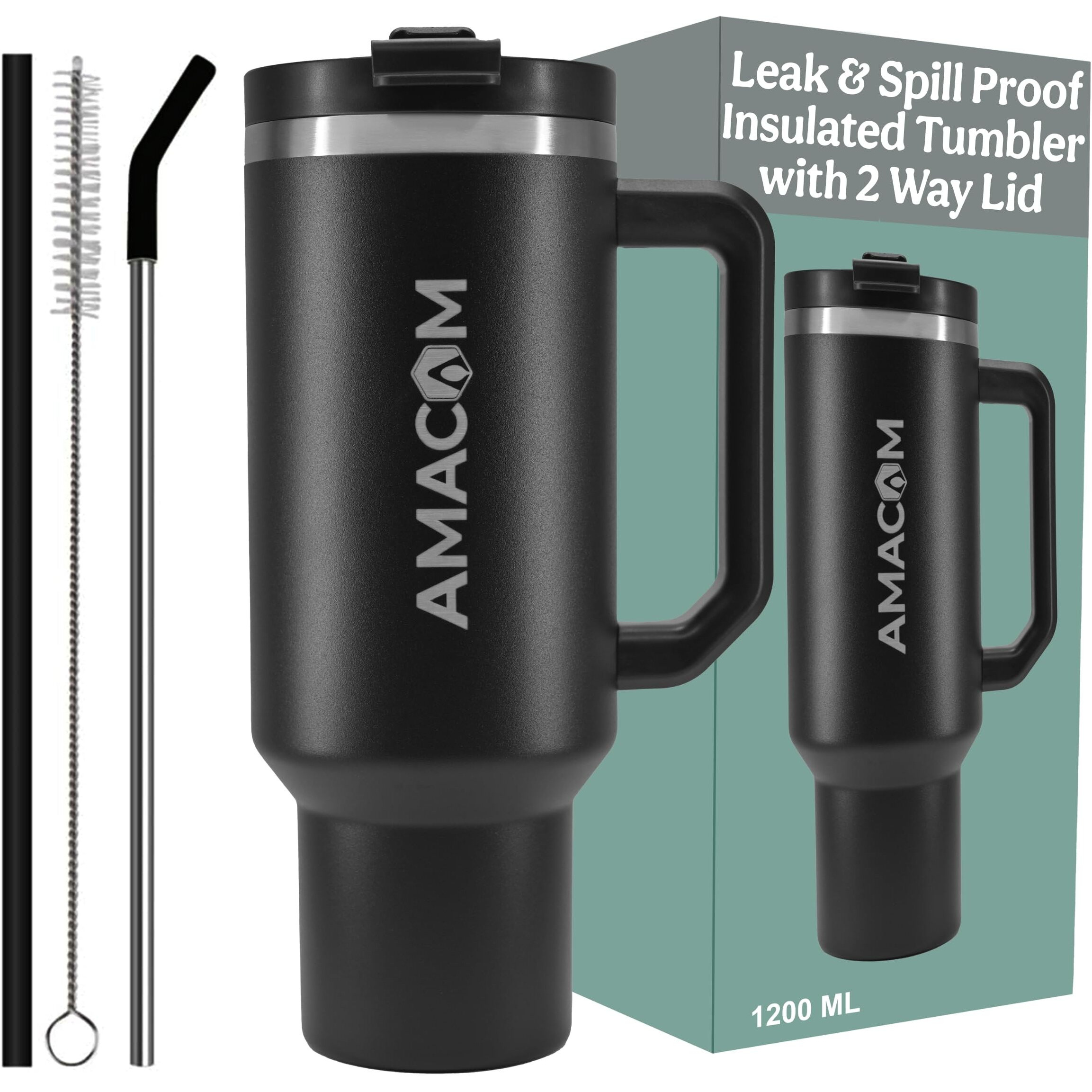 Amacom Insulated Stainless Steel Tumbler With Lid And Straw | 100% Leak Proof Water, Juice, Coffee Sipper With Lid For Office, Gym, Travel | 1.2 Litre Mug With Handle For Adults & Kids (Black)