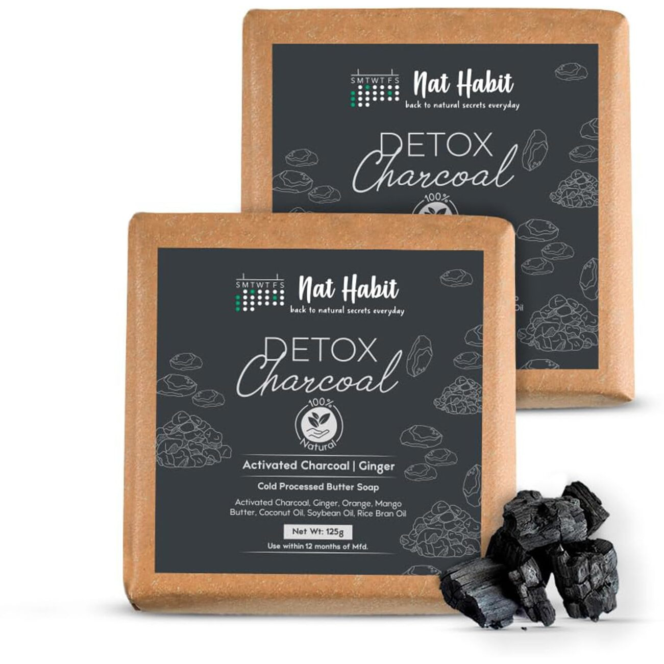 Nat Habit Detox Charcoal Butter Bath Soap With Ayurvedic Cold Processed For Detoxification, Blackheads & Tan Removal (Pack Of 2 X 125Gm)
