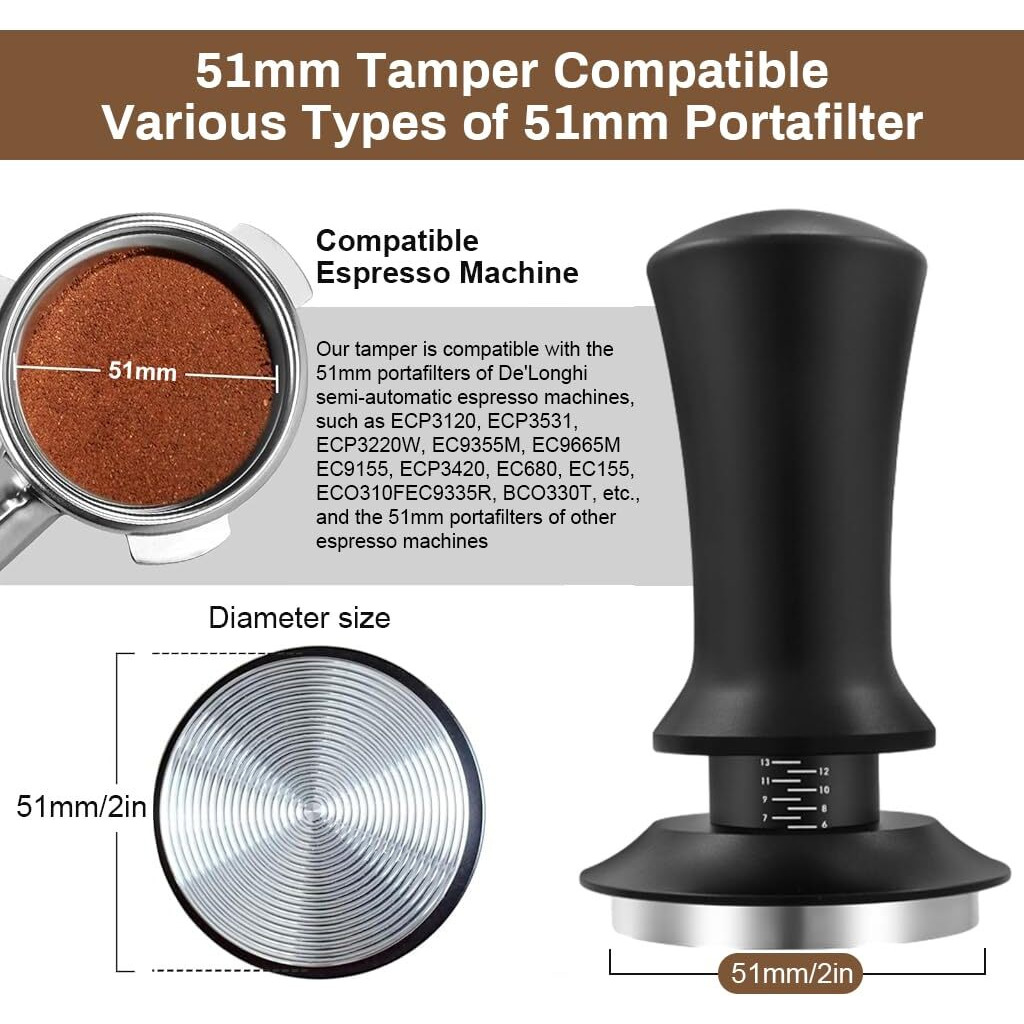 Supvox 51Mm Coffee Tamper Premium Coffee Accessories With Calibrated Spring Loaded, Flat Stainless Steel Base Tamper For Espresso Machine(Black)