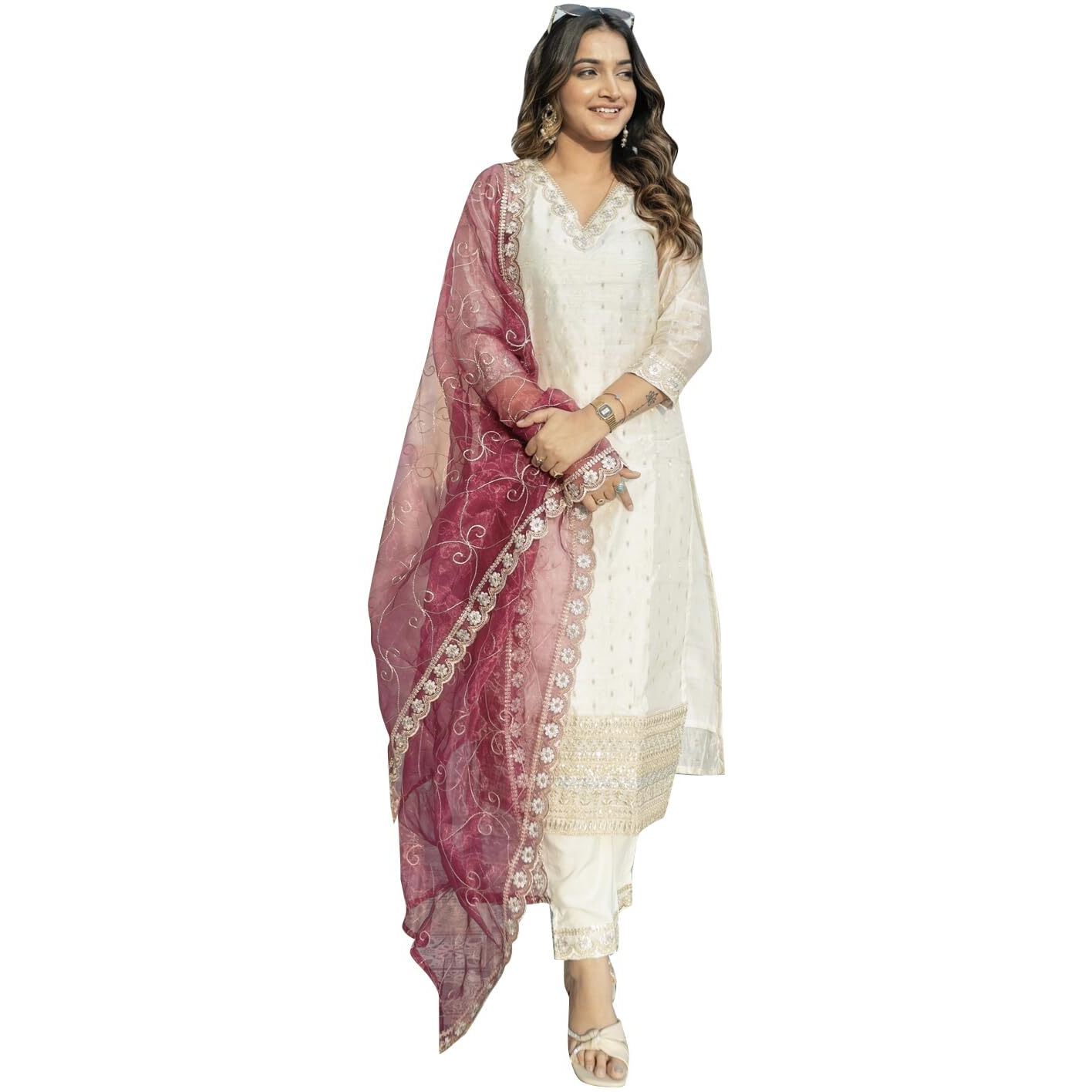 Vredevogel Women's Chanderi Silk Embroidered Kurta With Pant & Organza Dupatta Set | Casual Outfit Ethnic Kurta Set For Women | Modern & Traditional Blend Ethnic Wear (White_Large)