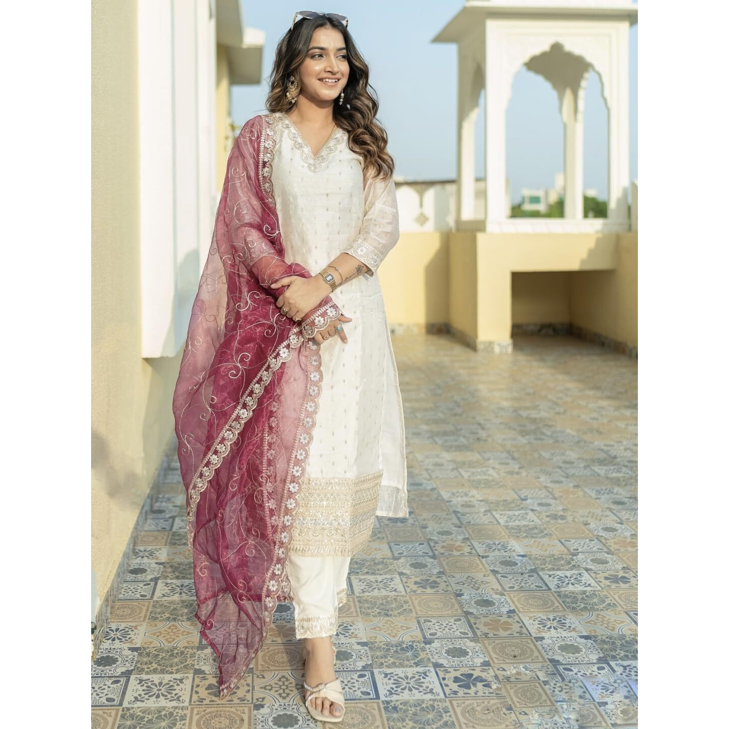 Vredevogel Women's Chanderi Silk Embroidered Kurta With Pant & Organza Dupatta Set | Casual Outfit Ethnic Kurta Set For Women | Modern & Traditional Blend Ethnic Wear (White_Large)