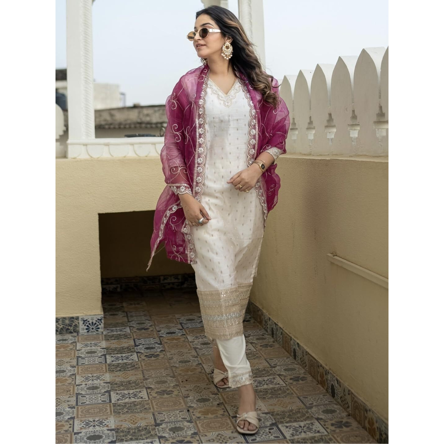 Vredevogel Women's Chanderi Silk Embroidered Kurta With Pant & Organza Dupatta Set | Casual Outfit Ethnic Kurta Set For Women | Modern & Traditional Blend Ethnic Wear (White_Large)