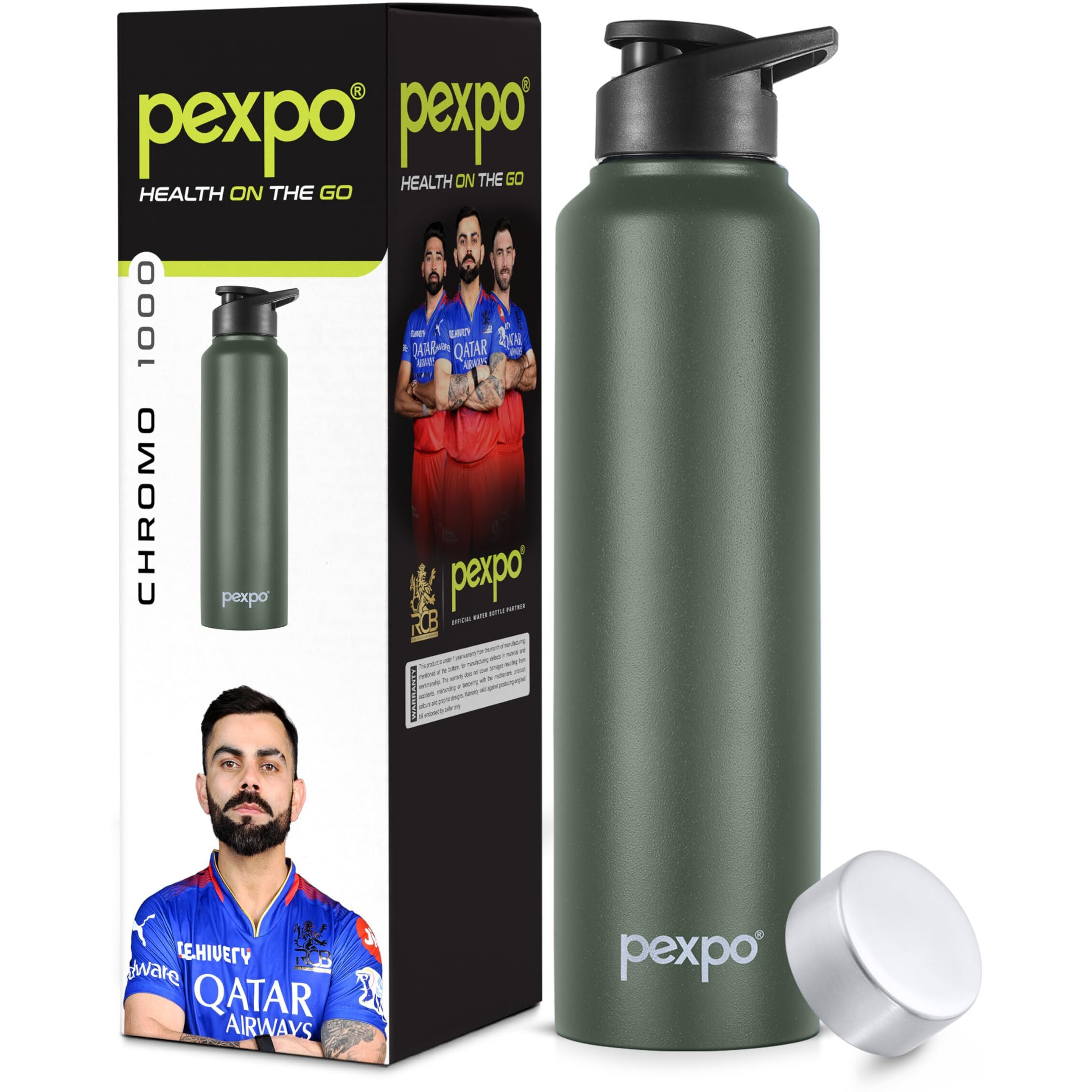 Pexpo Chromo Pro Stainless Steel Sports/Fridge Water Bottle With Sipper & Steel Cap, 1 Litre, Military Green | Bpa Free | Water Bottle For Office, Gym, School, Yoga | Rcb Edition