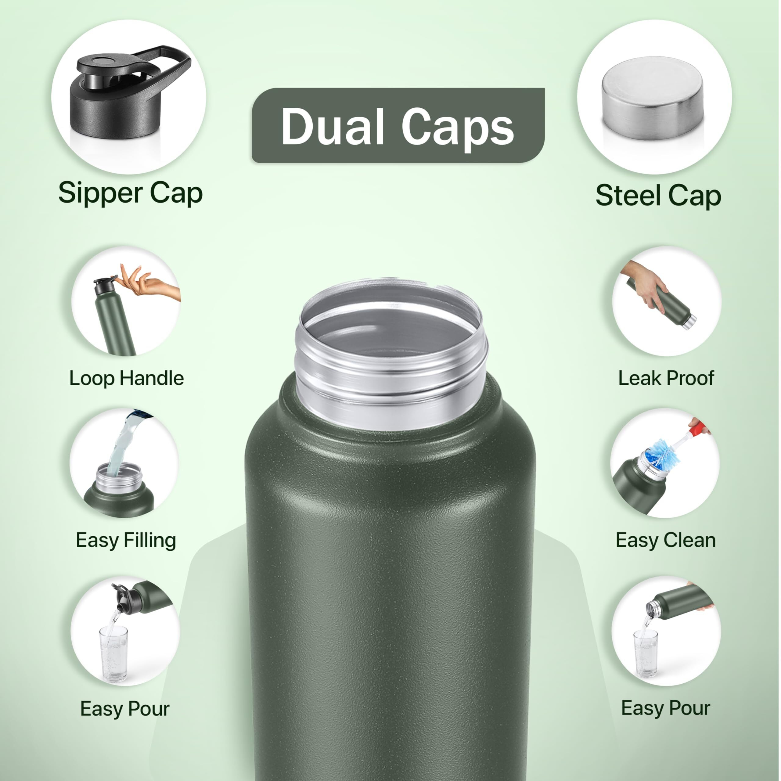 Pexpo Chromo Pro Stainless Steel Sports/Fridge Water Bottle With Sipper & Steel Cap, 1 Litre, Military Green | Bpa Free | Water Bottle For Office, Gym, School, Yoga | Rcb Edition