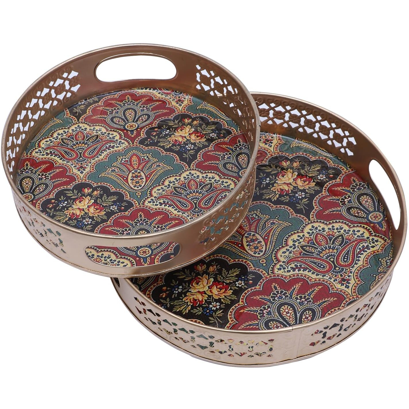 Two Moustaches Traditional Design Serving Trays Set (8 Inches & 10 Inches), Serving Plates For Home, Platters For Tea/Coffee/Fruits/Snacks, Decorative Pichwai Tray, Golden, Pack Of 2