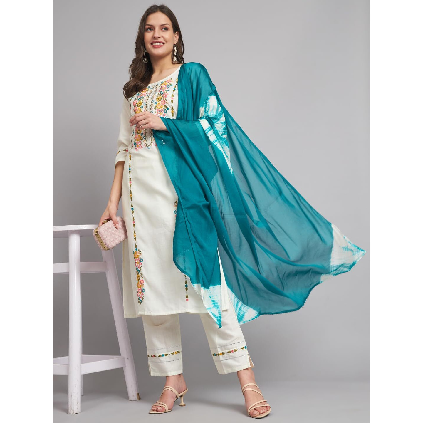 Vredevogel Women's Cotton Blend Embroidered Kurta Pant Set With Dupatta (White_Large)