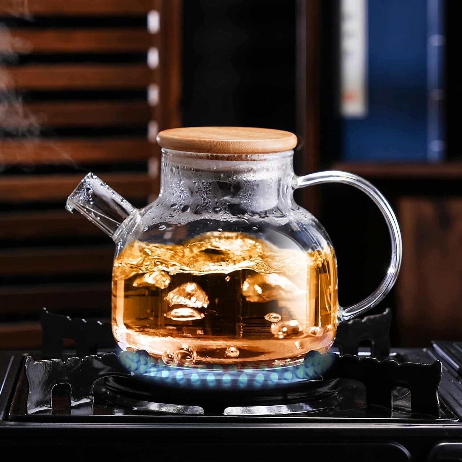 Gipibox 1000Ml, Borosilicate Clear Tea Kettle With Bamboo Lid, Glass Tea Pot With Removable Filter Spout, Teapot Blooming And Loose Leaf Tea Maker Tea Brewer For Camping(1Ltr)