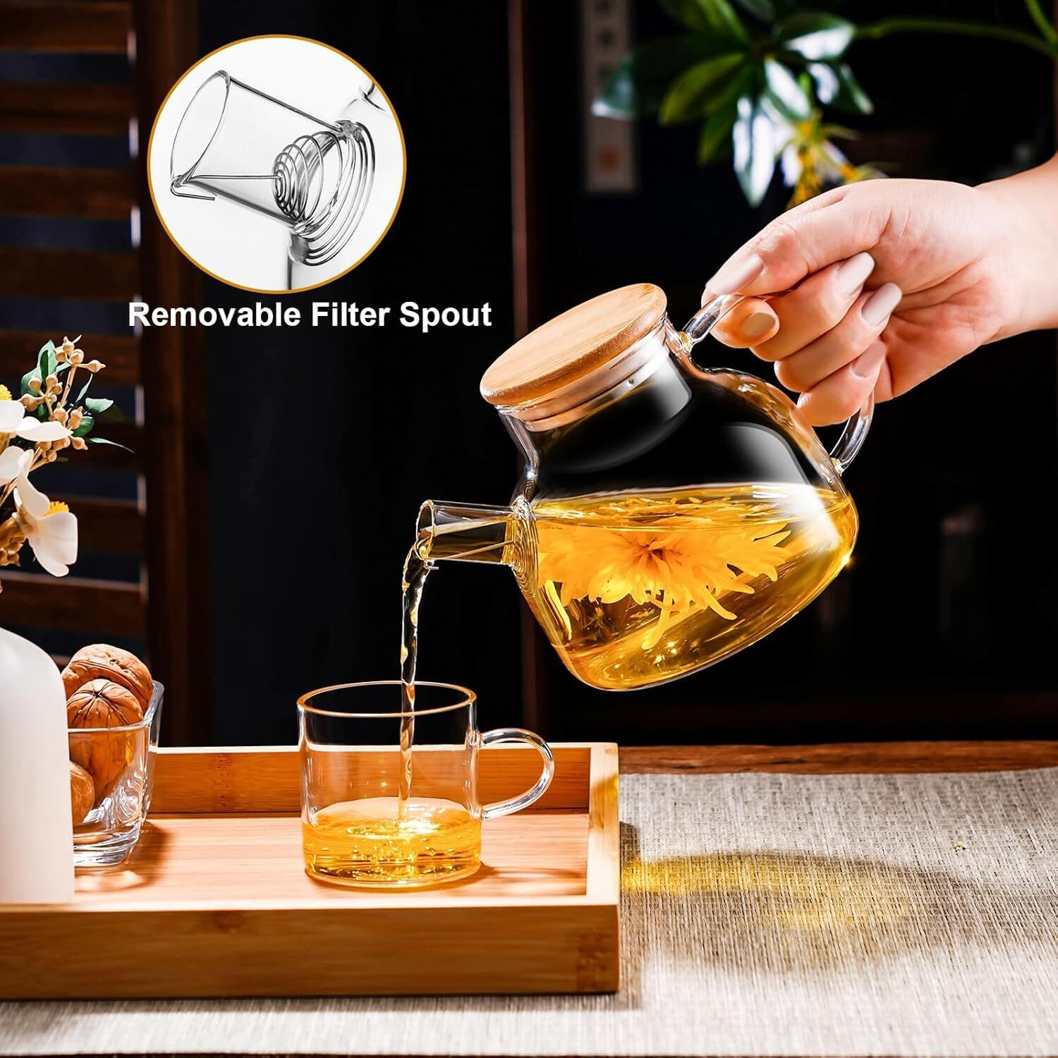 Gipibox 1000Ml, Borosilicate Clear Tea Kettle With Bamboo Lid, Glass Tea Pot With Removable Filter Spout, Teapot Blooming And Loose Leaf Tea Maker Tea Brewer For Camping(1Ltr)