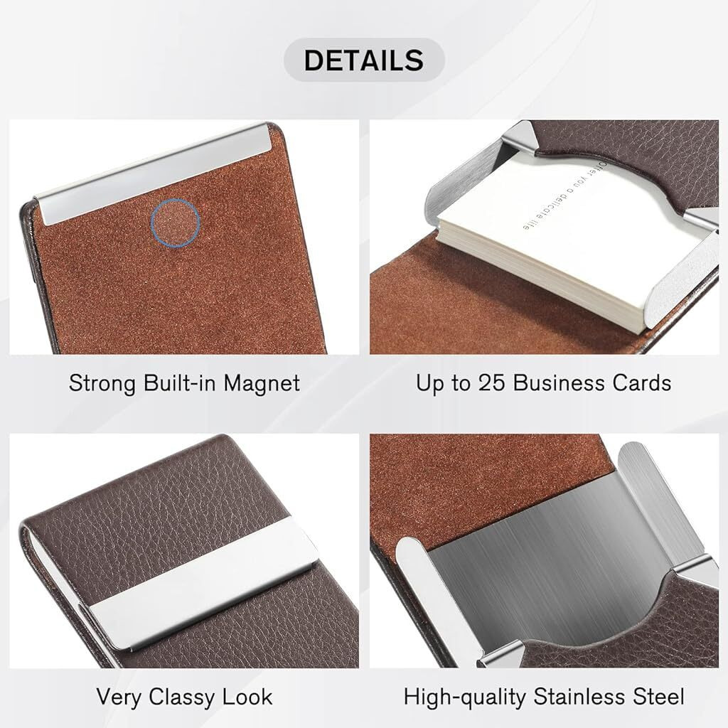 Zibuyu Business Card Holder Metal Visiting Card Case Classy Card Holder For Women & Men Pu Leather Wallet Card Case With Metal Magnetic Clasp, 20 Cards (6X9.5Cm) - Coffee Brown