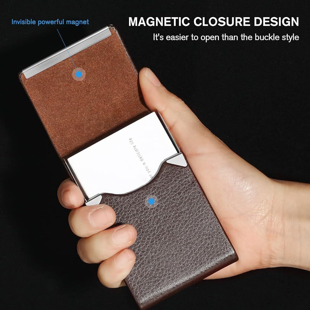 Zibuyu Business Card Holder Metal Visiting Card Case Classy Card Holder For Women & Men Pu Leather Wallet Card Case With Metal Magnetic Clasp, 20 Cards (6X9.5Cm) - Coffee Brown