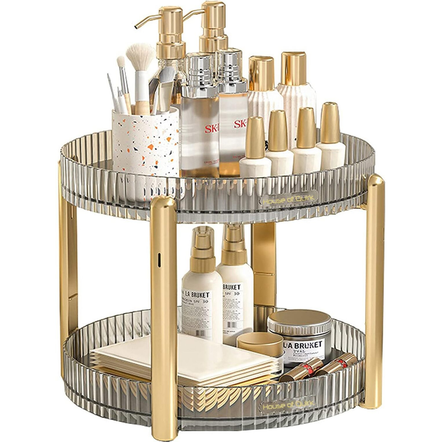 House Of Quirk Turntable Cabinet Organizer,Rotating Storage Spinner Kitchen Food Spices Rack Storage For Pantry,Fridge,Countertops,Bathroom Vanity Makeup Organizer (Grey, 2-Tier)