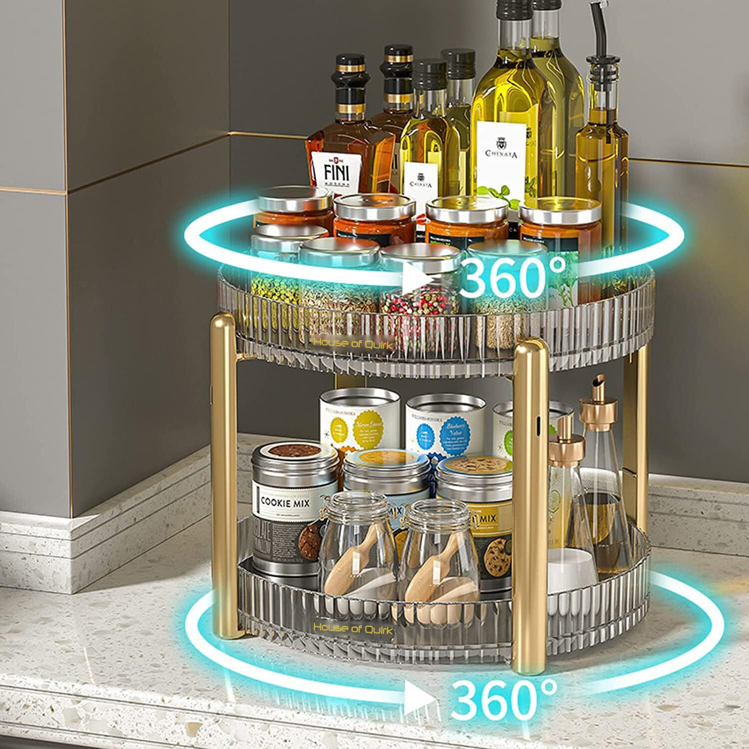 House Of Quirk Turntable Cabinet Organizer,Rotating Storage Spinner Kitchen Food Spices Rack Storage For Pantry,Fridge,Countertops,Bathroom Vanity Makeup Organizer (Grey, 2-Tier)
