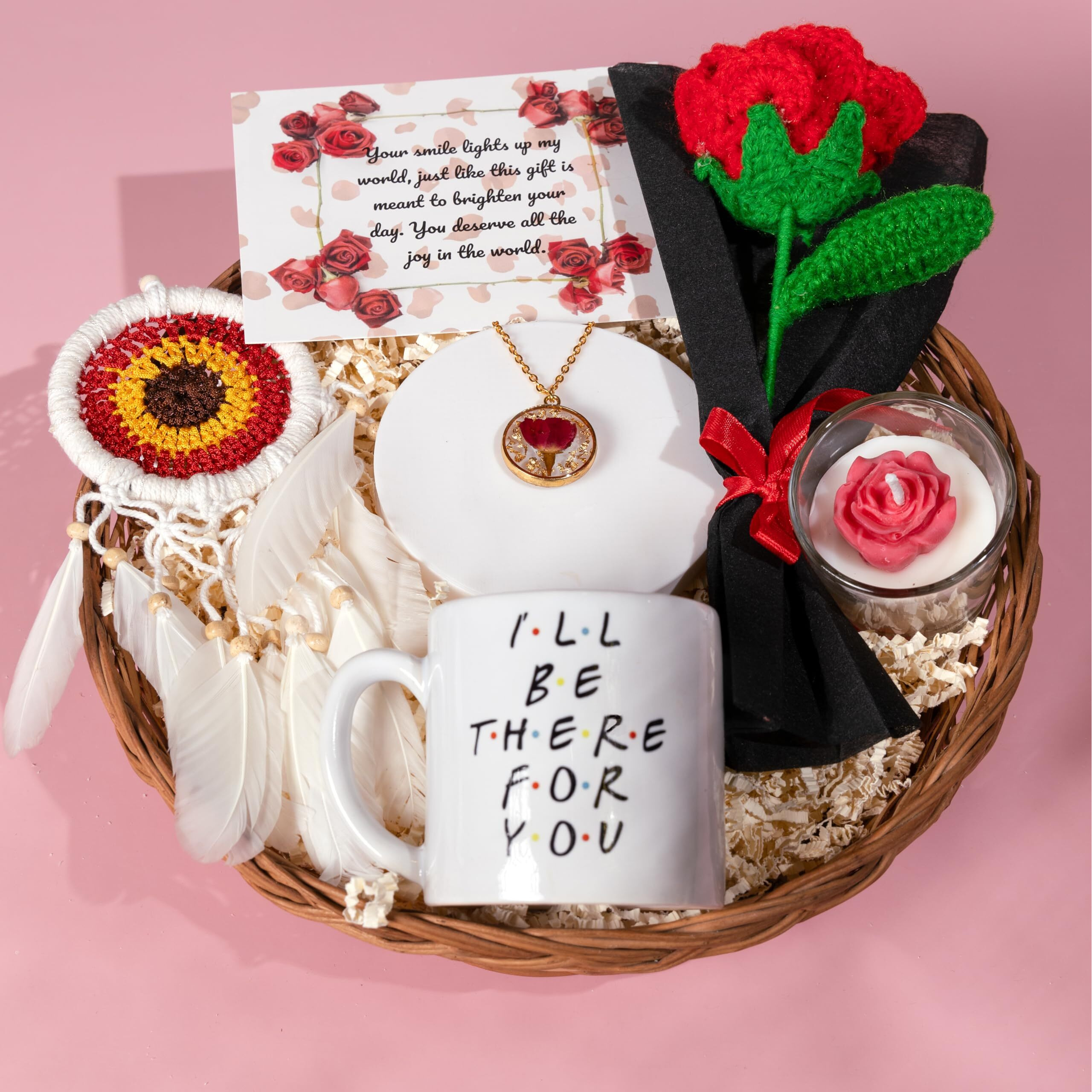 Rarejoy Combo Gift Set For Women, Valentine Gifts, Birthday Gift For Wife, Handmade Dreamcatcher, Scented Candle, Ceramic Mug, Greeting Card, Rose Flower Necklace Pendant