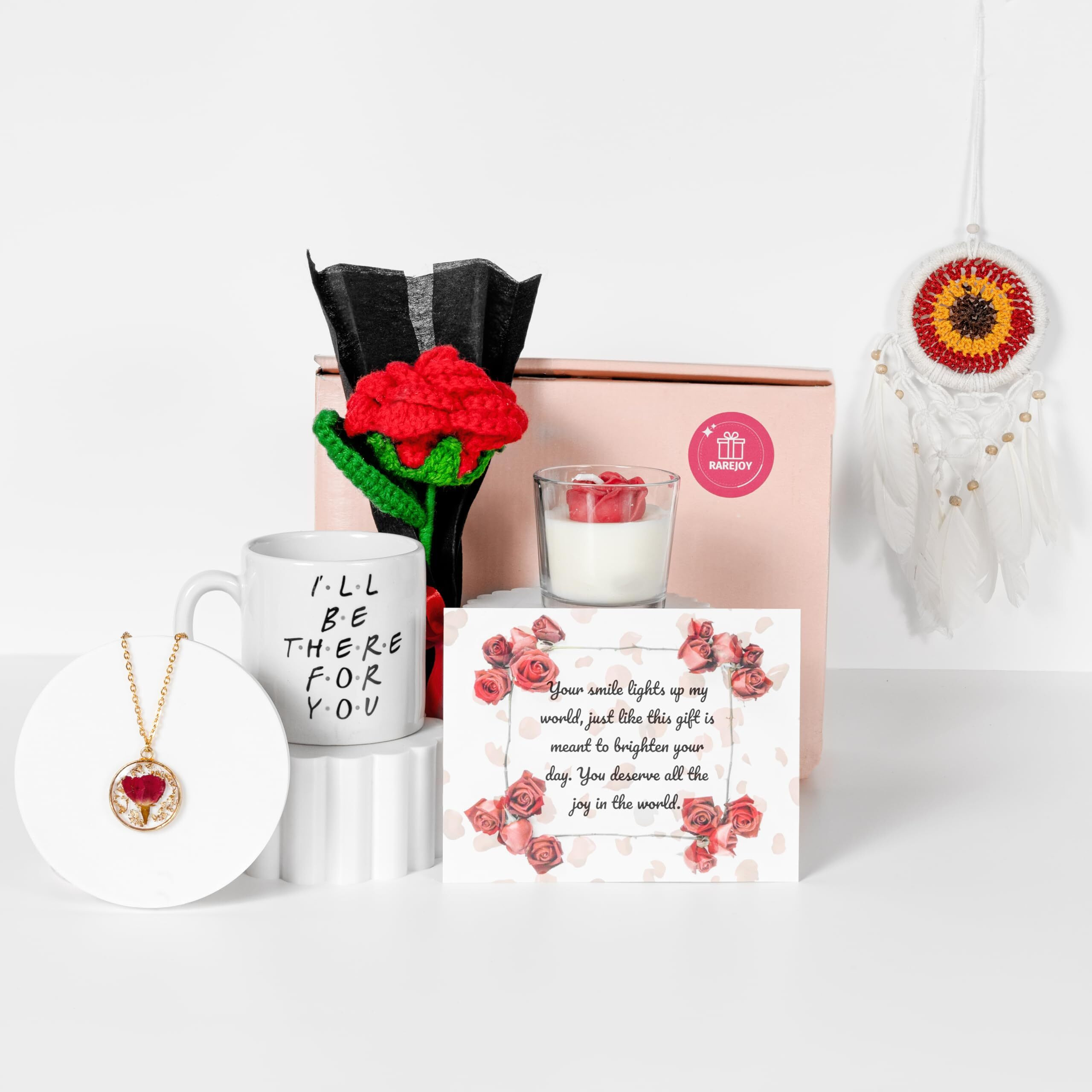 Rarejoy Combo Gift Set For Women, Valentine Gifts, Birthday Gift For Wife, Handmade Dreamcatcher, Scented Candle, Ceramic Mug, Greeting Card, Rose Flower Necklace Pendant