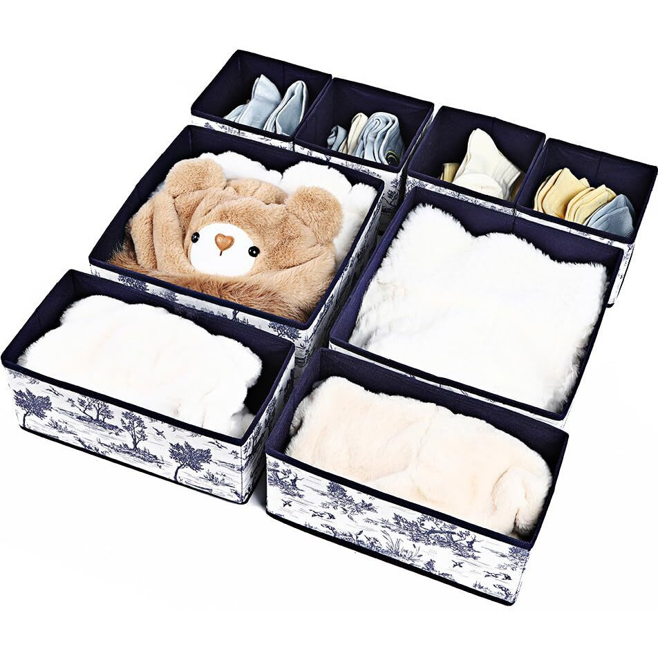 House Of Quirk Non-Woven Foldable Cloth Storage Box Closet Dresser Drawer Organizer Containers Divider With Drawers For Underwear, Bras, Socks, Ties, Scarves, Set Of 8 (Greek Blue), Clothing