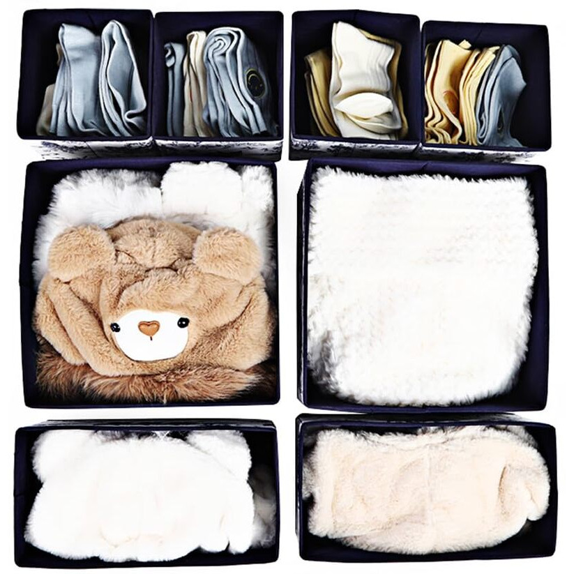 House Of Quirk Non-Woven Foldable Cloth Storage Box Closet Dresser Drawer Organizer Containers Divider With Drawers For Underwear, Bras, Socks, Ties, Scarves, Set Of 8 (Greek Blue), Clothing