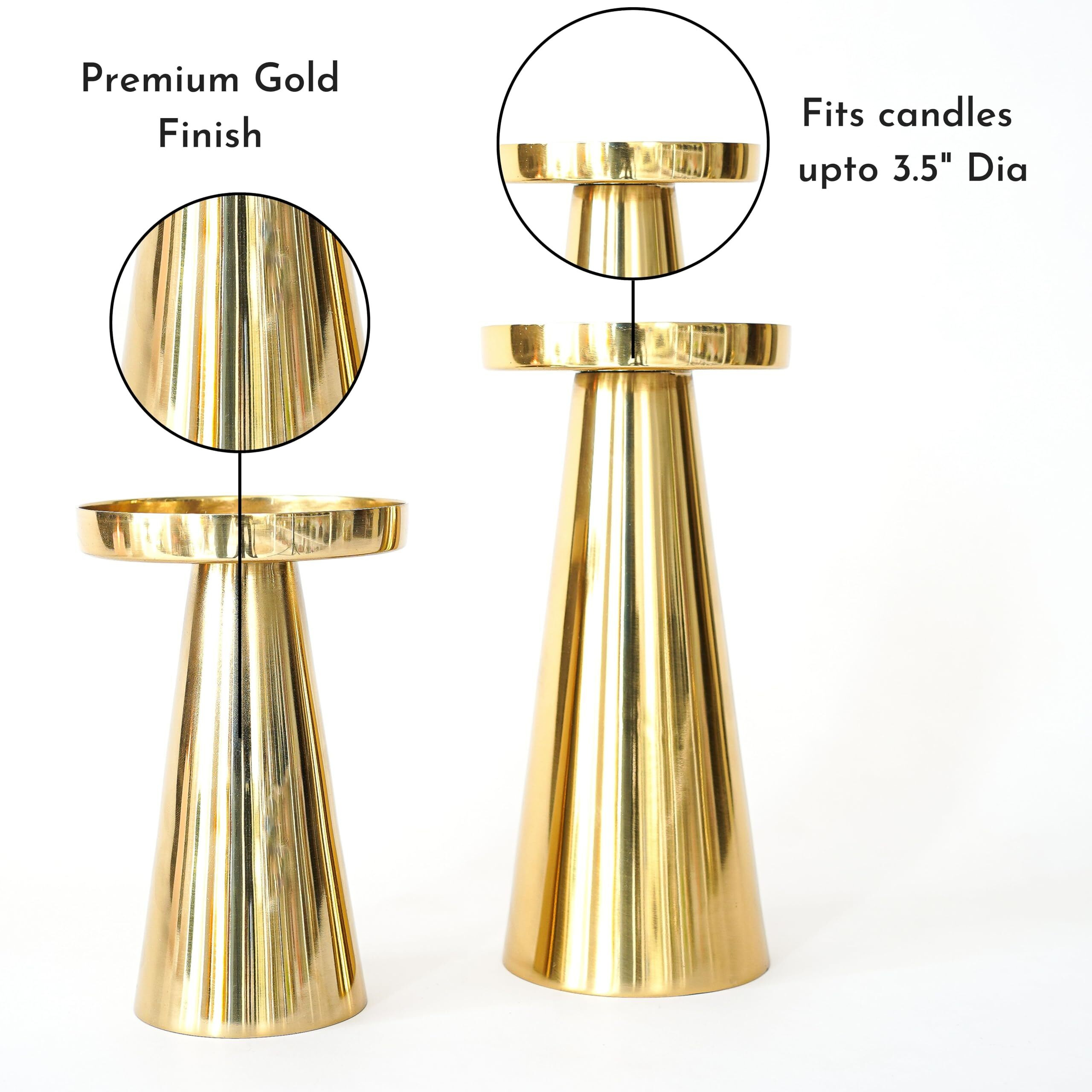 Behoma Handcrafted Solid Large Metal Pillar Candle Holders | Table Centerpieces Coffee Tables Or Fireplace Mantels | Candles Stand For Diwali Home Decor Gift Valentine's Day | Colour Golden Set Of 2