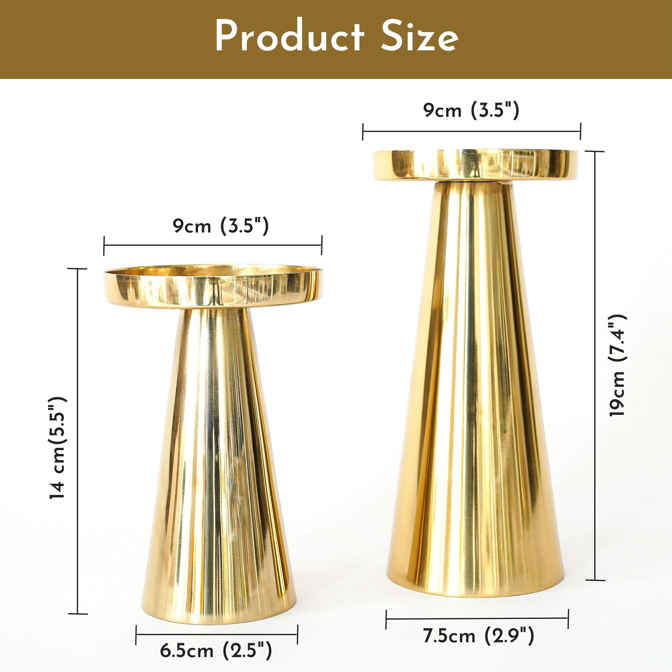 Behoma Handcrafted Solid Large Metal Pillar Candle Holders | Table Centerpieces Coffee Tables Or Fireplace Mantels | Candles Stand For Diwali Home Decor Gift Valentine's Day | Colour Golden Set Of 2