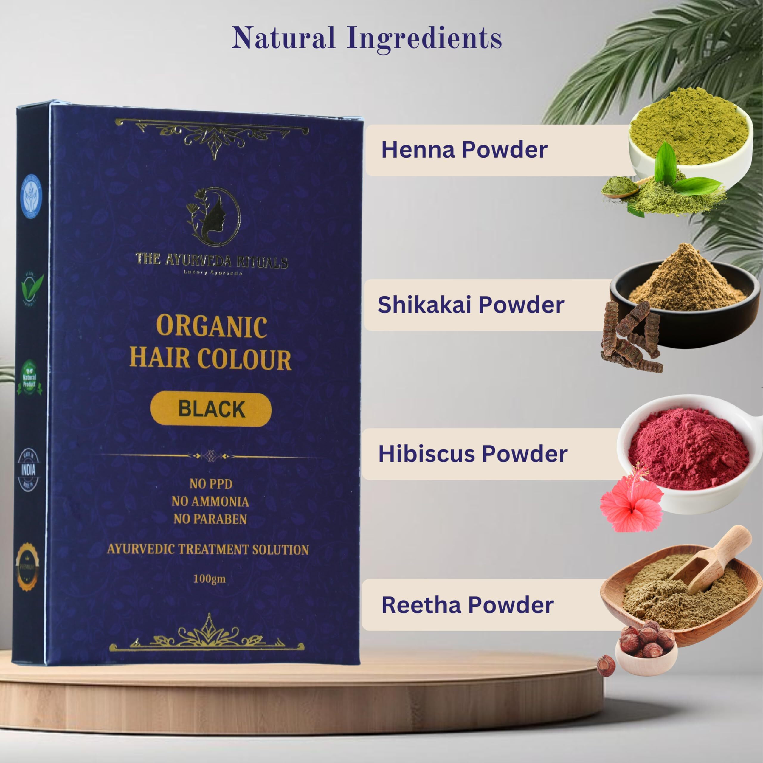 The Ayurveda Rituals - Organic Hair Colour Black For Women & Men | 100% Natural | Ammonia Free & Ppd Free | Herbal Organic Hair Colour | Plant-Based | Natural Henna Powder | 9 Organic Ayurvedic Extracts L Natural Black (100Gm)