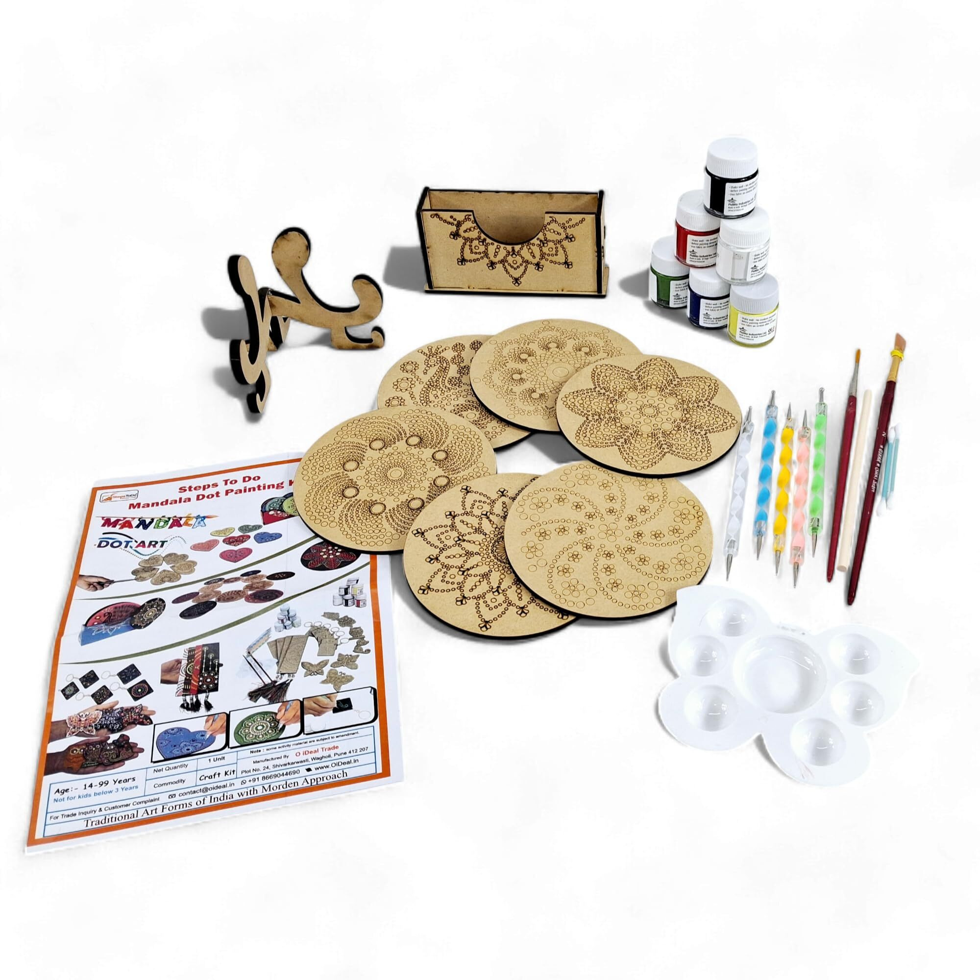 Stepstodo Wooden Dot Mandalas Paint Kit F. Tea Coaster Set. Mandal Art. Set Of 6 Of Wooden Circular Base Of 4 Inch. With Wooden Case. Dot Tools, Acrylic Colours, Brush And Paiting Dish