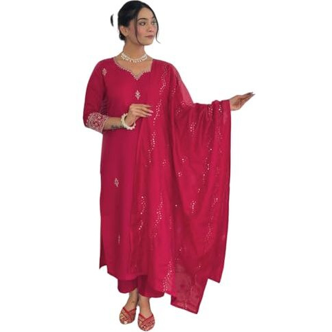 Naixa Women's Gajri Chanderi Silk Embroidered Straight Kurta With Chanderi Silk Pant And Chanderi Silk Laced Dupatta Sets (Nk-426-Gajri-M)