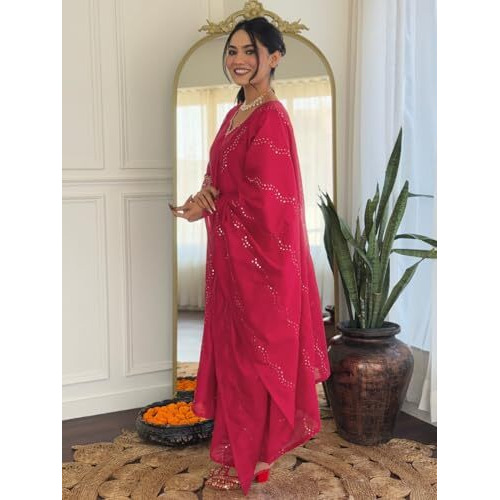 Naixa Women's Gajri Chanderi Silk Embroidered Straight Kurta With Chanderi Silk Pant And Chanderi Silk Laced Dupatta Sets (Nk-426-Gajri-M)