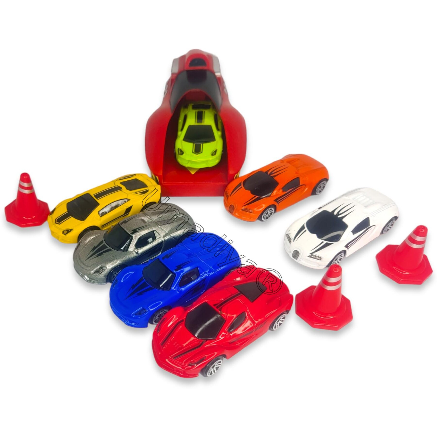 Umadiya Branded Rapid Launcher Play Set Toy With 7 Die Cast Metal Stunt Car And Master Racers Sports With 3 Stoppers Racing Game For Kids - Multi Color