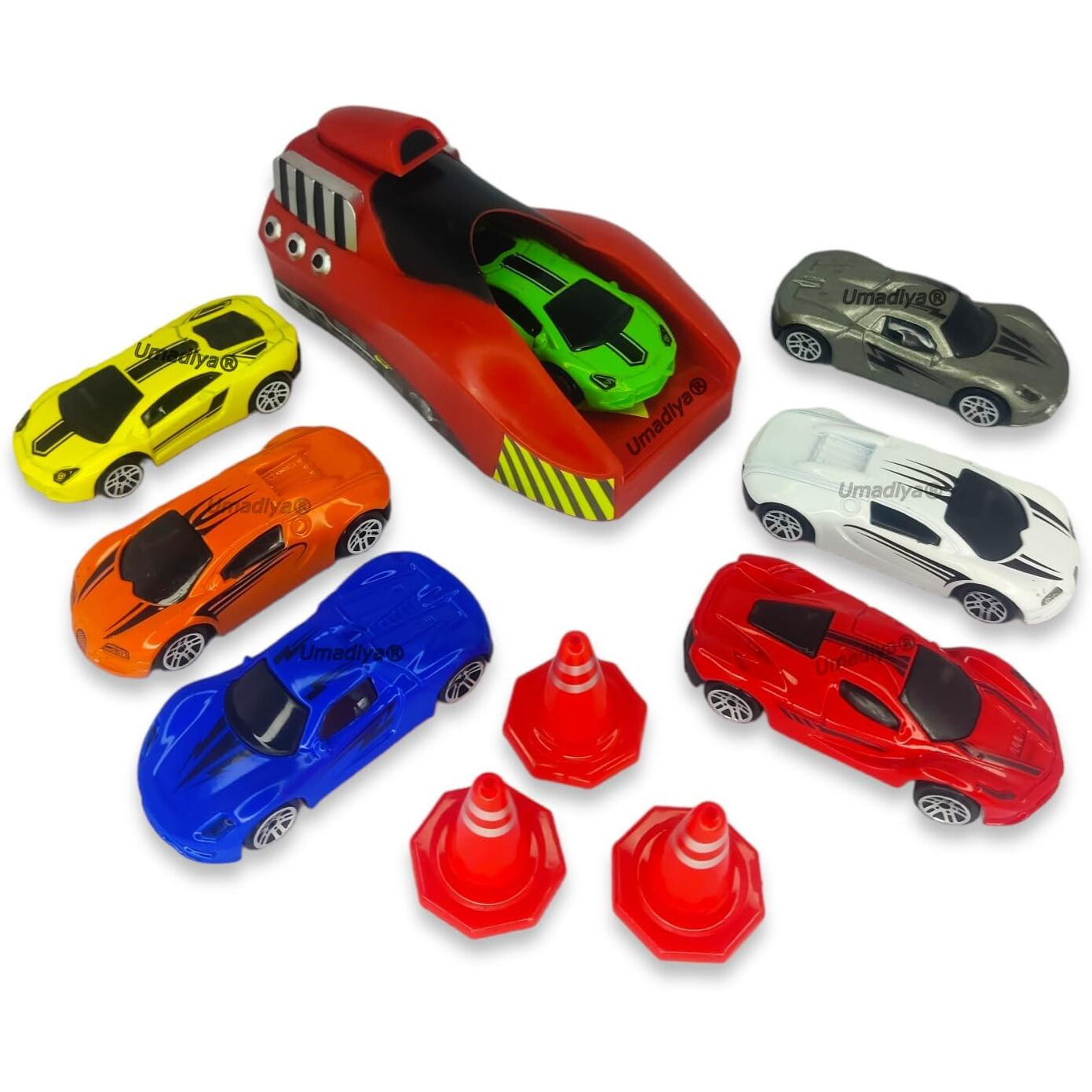 Umadiya Branded Rapid Launcher Play Set Toy With 7 Die Cast Metal Stunt Car And Master Racers Sports With 3 Stoppers Racing Game For Kids - Multi Color