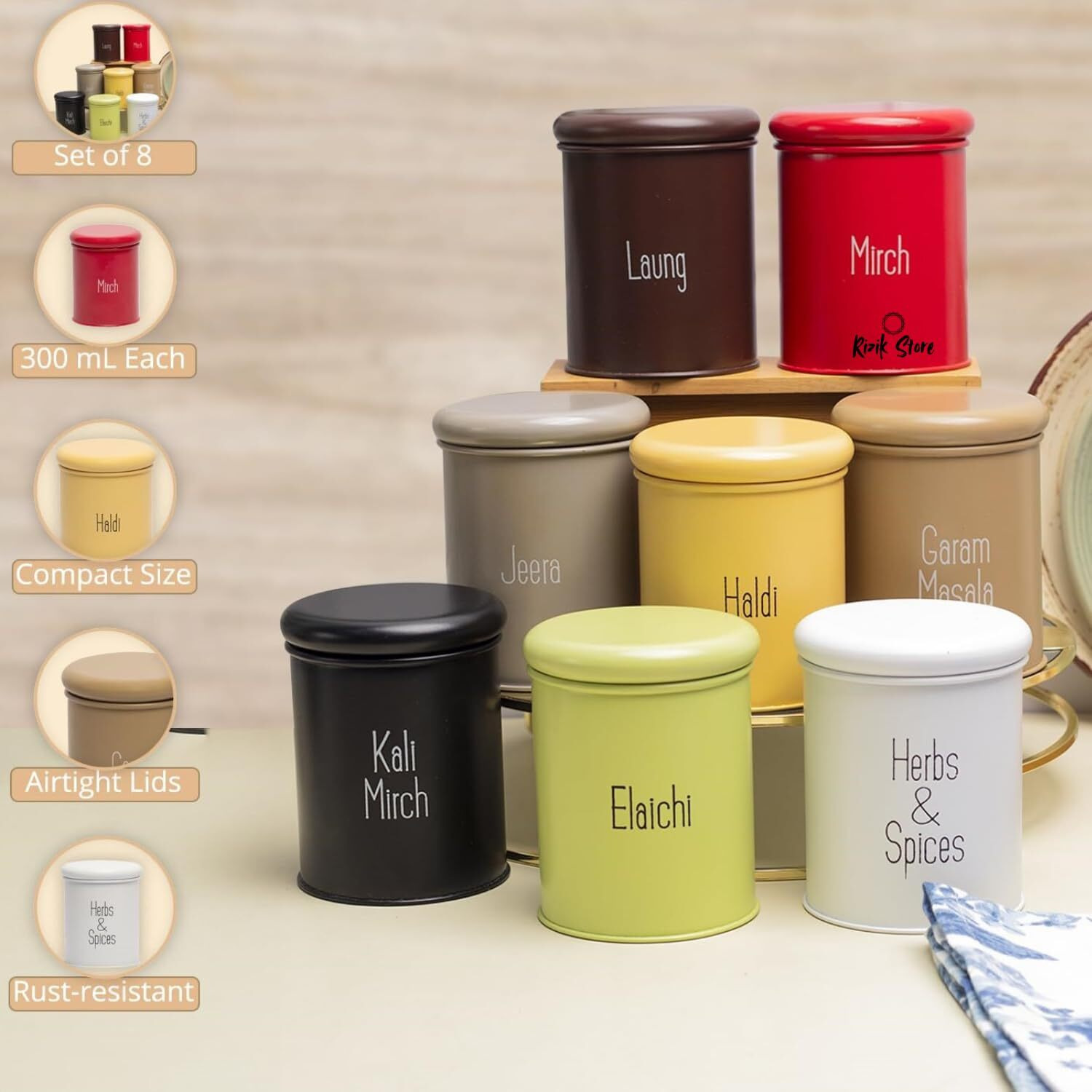 Rizik Store 8-Piece Spice Jar Set|300Ml Airtight Metalcontainers With Bpa-Free Lid| Masala Box & Kitchen Organizer | Durable Mild Steel Storage Box For Spices (Metal Pack Of 8)