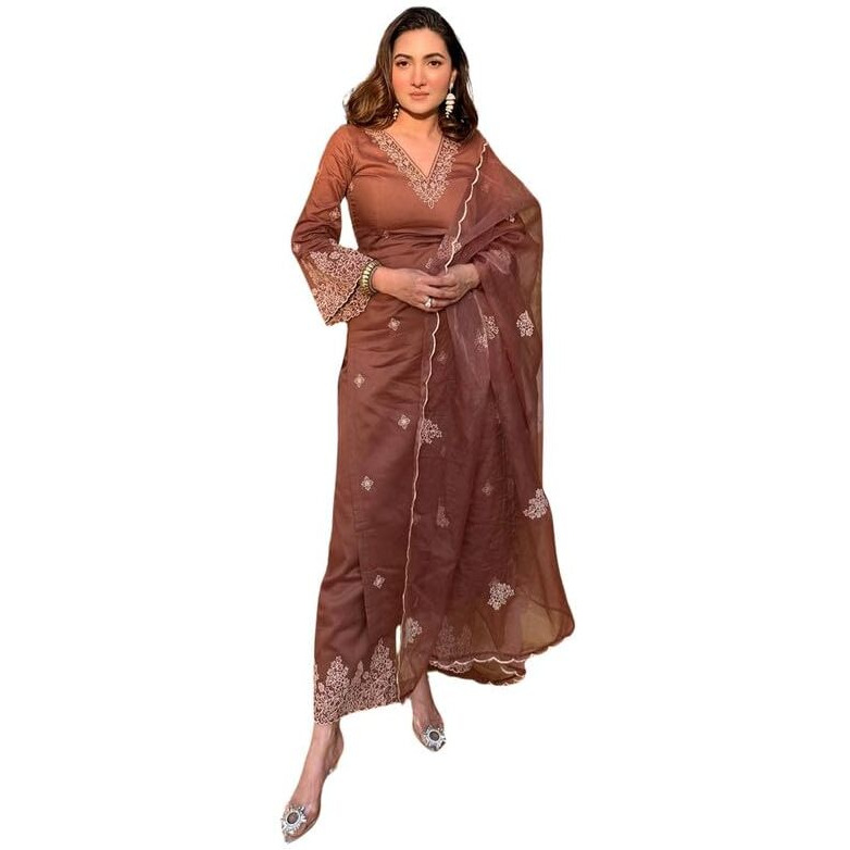 Royal Export Women's Viscose Silk Floral Embroidered Straight Kurta Pant With Dupatta (Rx60 Brown Kpd_L)