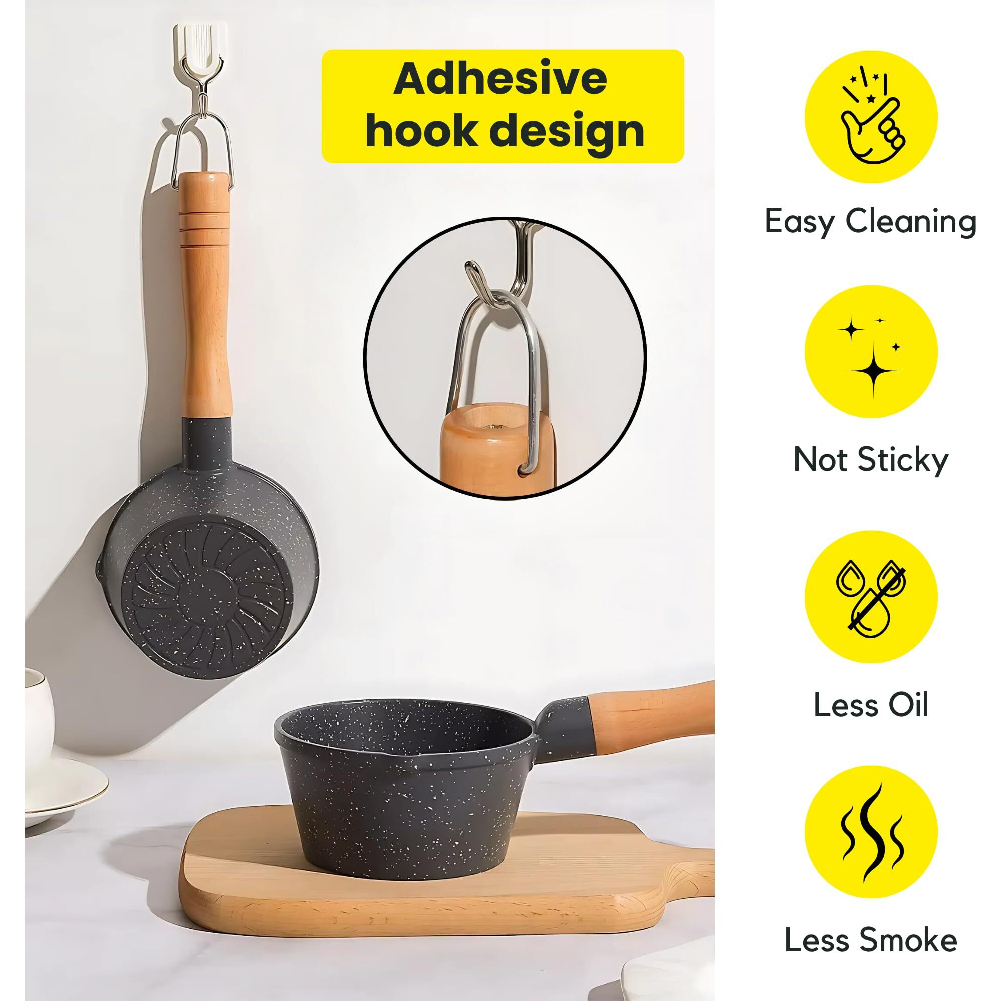 Homeessentials Deep Frying Tadka Pan With Wooden Handle - Non-Stick Maifan Material For Vaghar, Chounk, Baghar - Frying Dal/Spices | Flame And Gas Stove Safe