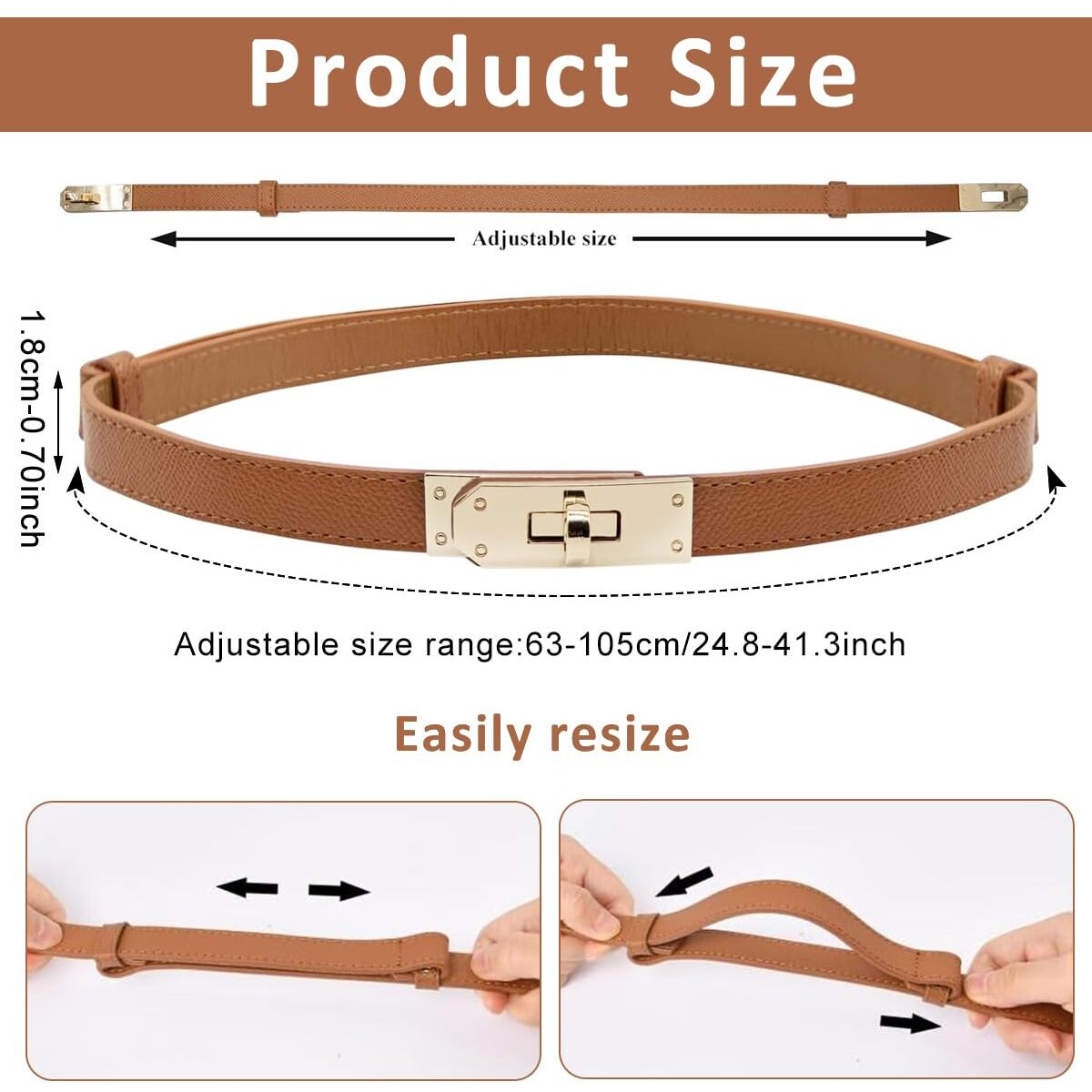 Palay Waist Belt For Women Dresses, Fashion Ladies Belts For Women, Pu Leather Slim Women Belts For Dress, Alloy Turn Lock Buckle Belt For Blazer, Suit, Dress, Gown (Brown, Fit Waist 70-95Cm)