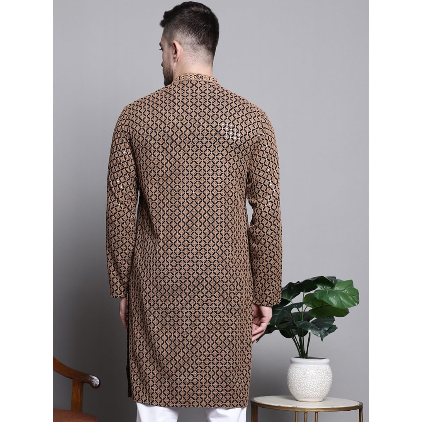 Jompers Mens Sequin Embroidered Pure Cotton Kurtas (Brown, L)