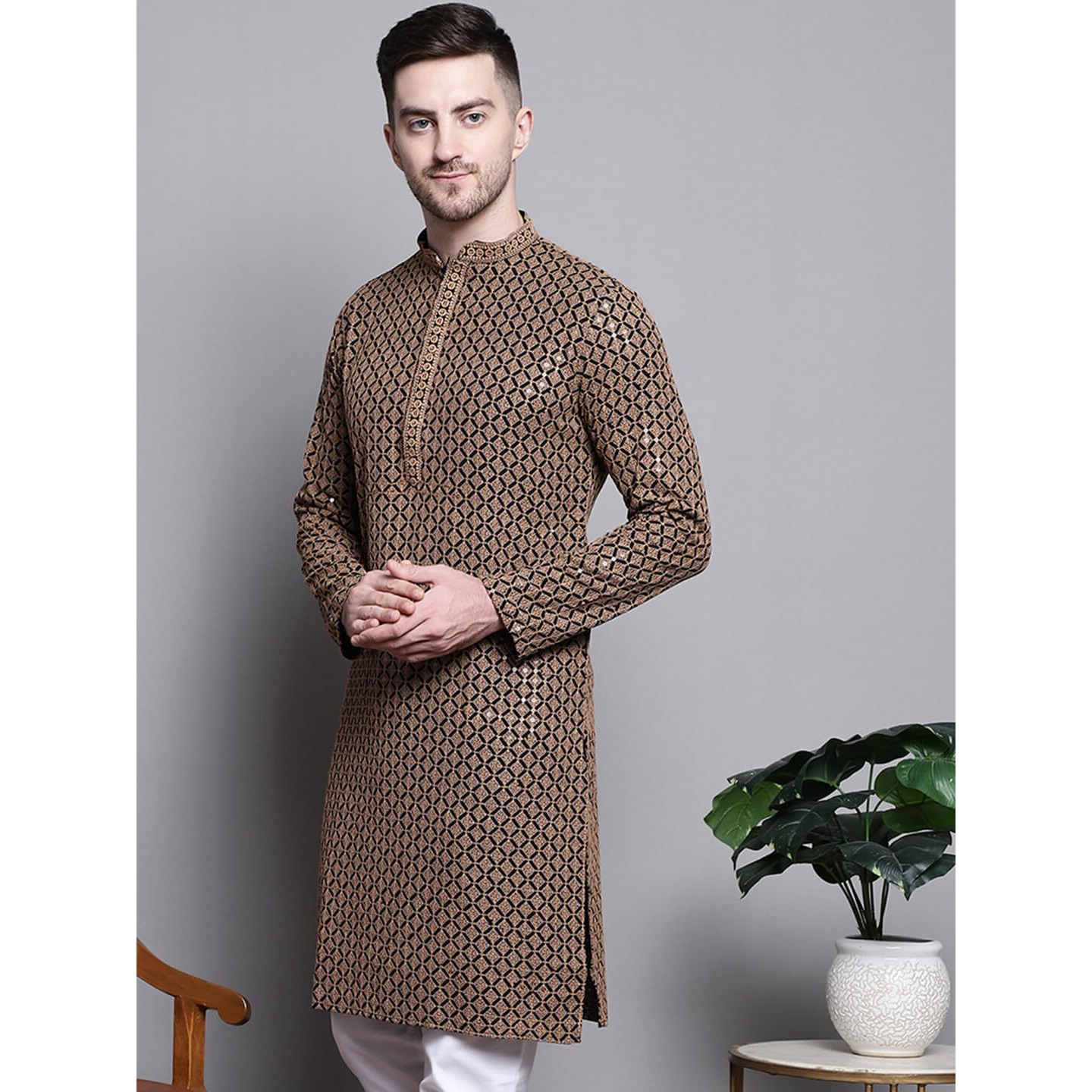 Jompers Mens Sequin Embroidered Pure Cotton Kurtas (Brown, L)