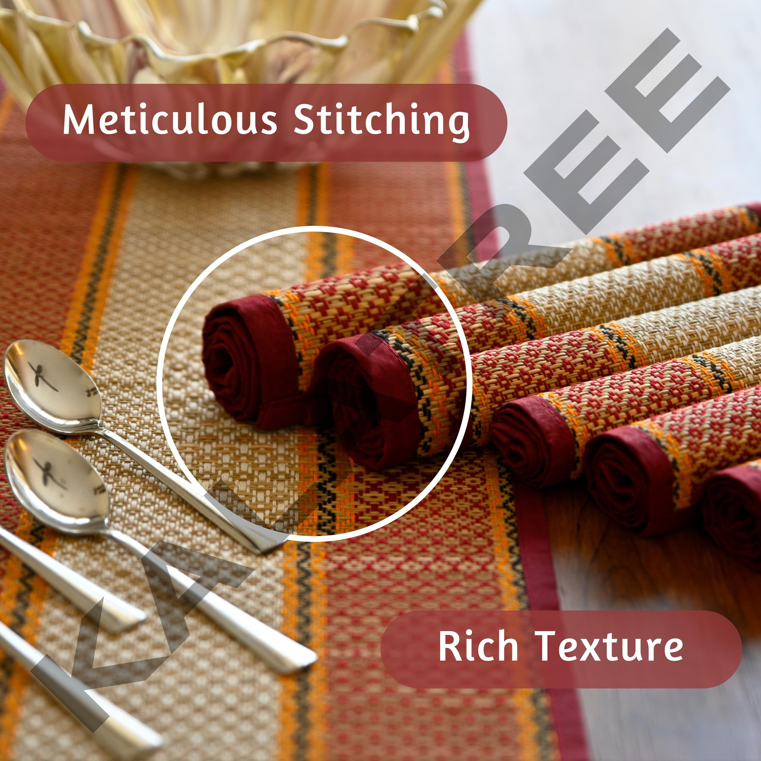 Kalatree Handmade River Grass Dining Table Mats Set Of 6 Pieces & Runner | Heat Resistant Korai Grass Dining Mats | Natural Eco Friendly Madurkathi Placemats For Dining Table | Sangreal Tablemats