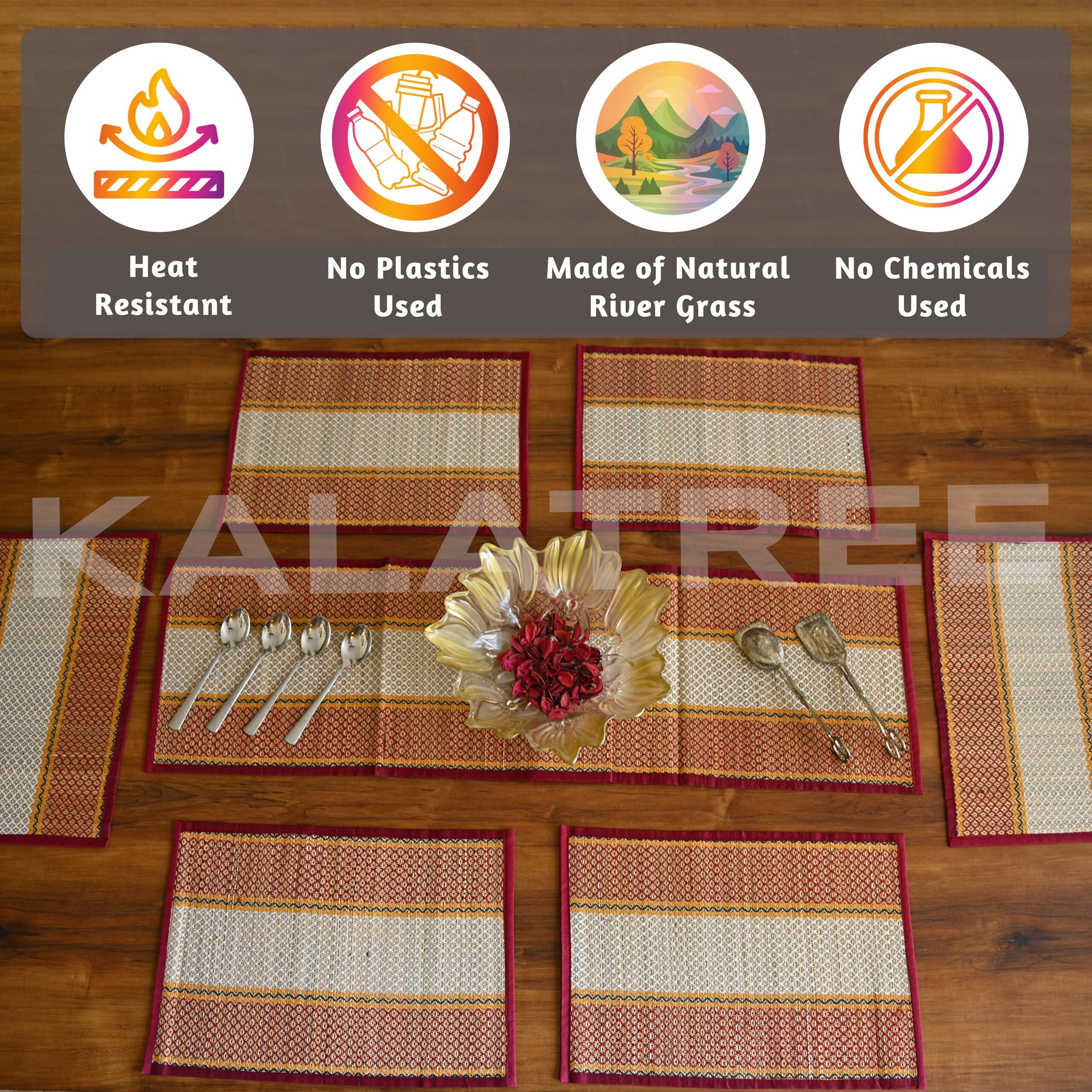 Kalatree Handmade River Grass Dining Table Mats Set Of 6 Pieces & Runner | Heat Resistant Korai Grass Dining Mats | Natural Eco Friendly Madurkathi Placemats For Dining Table | Sangreal Tablemats