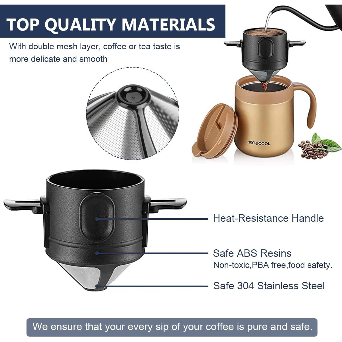 Filter Coffee Maker With Bottom Cup Double Mesh Pour Over Coffee Filter Food Grade Stainless Steel & Plastic Coffee Dripper 100% Paperless Foldable To Fit Most Cup Keep Coffee Flavour Easy Use & Clean