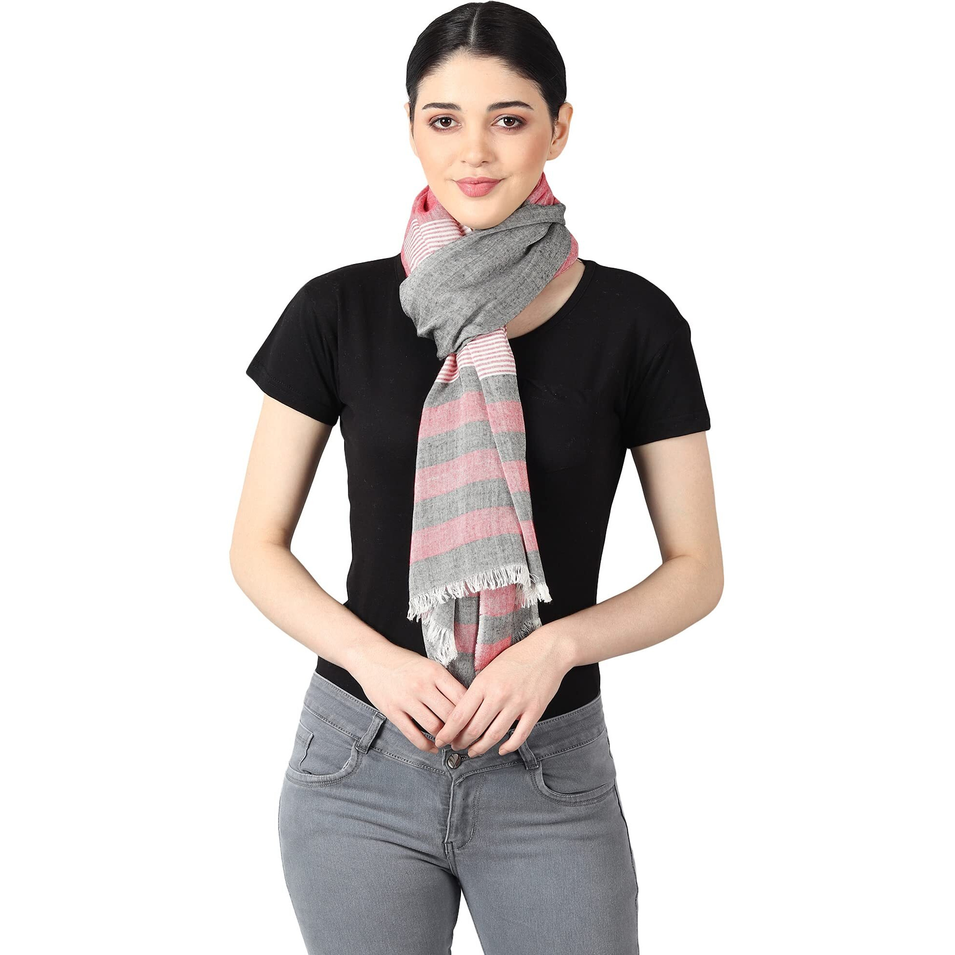 Flyer Female Women's Stole/Scarf Colour- Pink & Grey Stylish 100% Soft Viscose Cotton Blend Ethnic Stripes Pattern Scarves Pack Of 1 St-13
