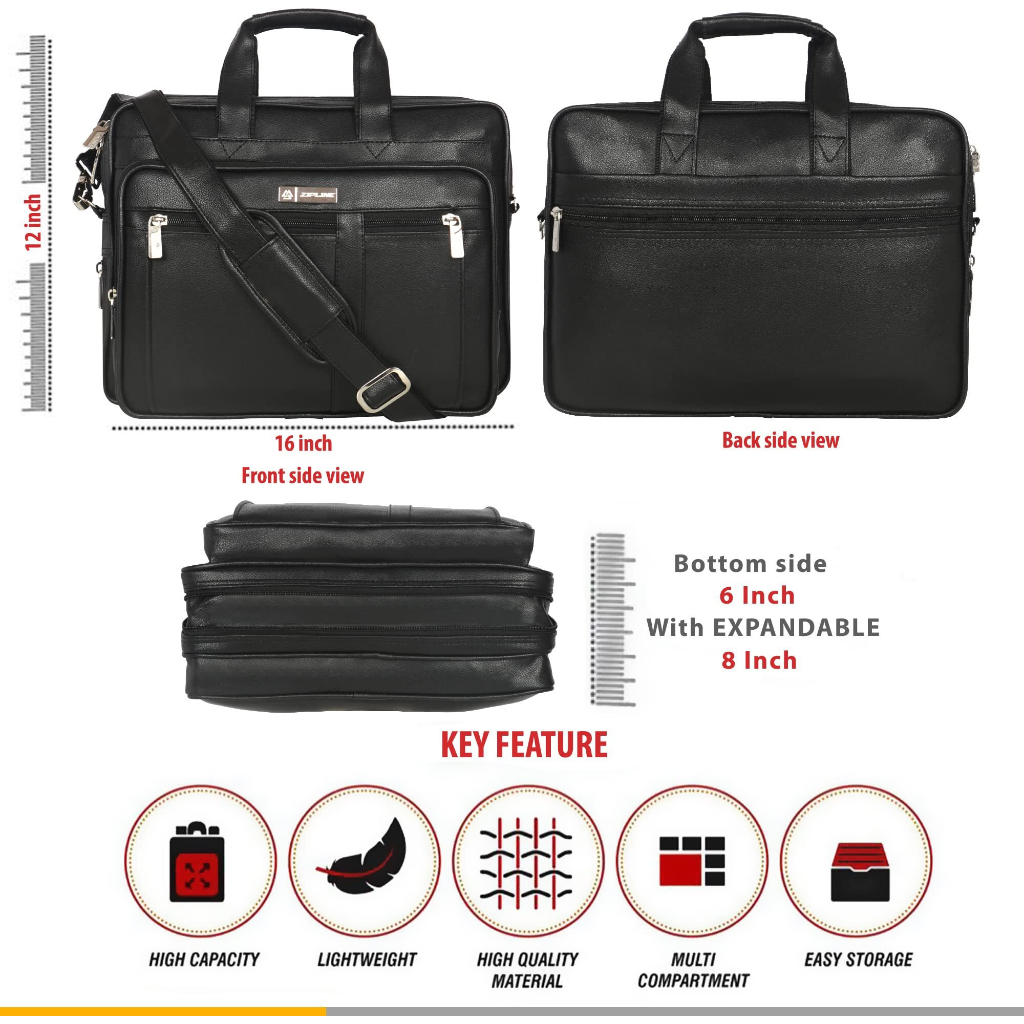 Zipline Office Synthetic Leather Laptop Bag For Men Women, 15.6" Compatible Laptop Messenger Bags For Men & Women (1-Black Bag)