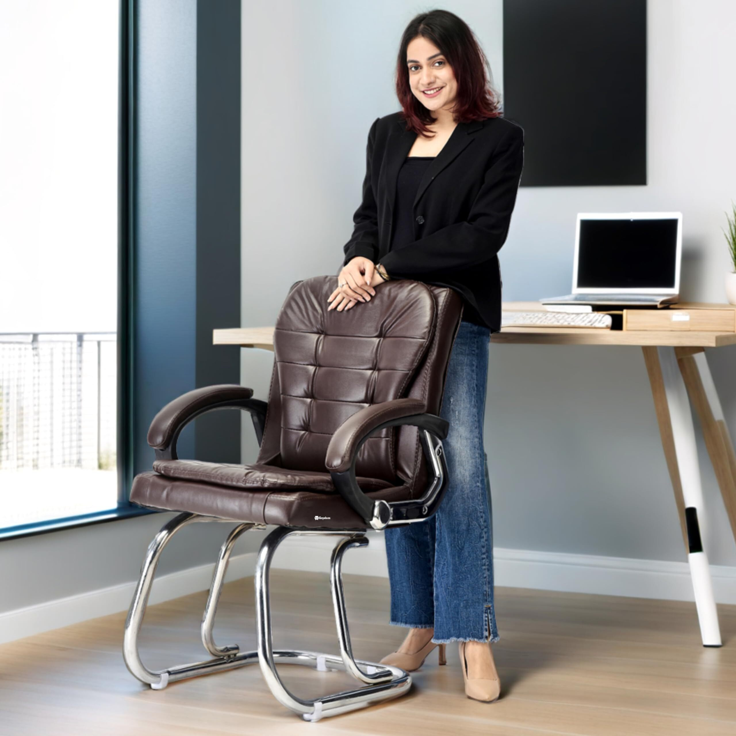 Ratison Stainless Steel Special Director Principal Manager Office Visitor Study Chair With Arm Rest With Double Pipe Frame And Cushioned Seat Back (3, Coffee, Double Pipe Frame)