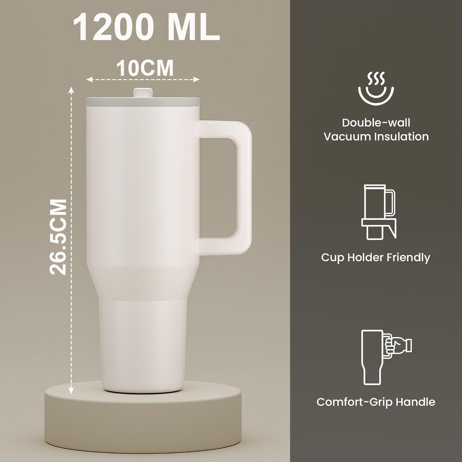 Flyngo 1200Ml Stainless Steel Tumbler With 100% Leak Proof Lid And Straw, Double Insulated Reusable Tumbler Sipper Bottle For Hot And Cold Drink, Coffee Mug For Car, Gym, And Travelling (White)