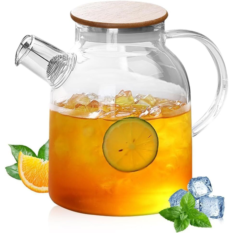 Tiener Borosilicate Glass 1.8 Ltr Water Jug With Handle, Juice Beverage Carafe With Bamboo Lid, Big Glass Iced Tea Pitcher, 1 Pcs Set (Borosilicate 1.8 Liter Kettle)