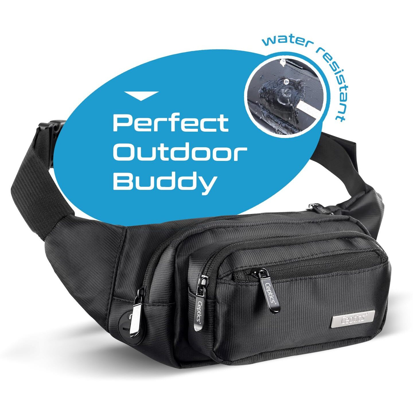 Ceptics Waist Bags For Men, Fanny Pack With Waterproof Pocket & Rfid Safe, Waist Pouch For Hiking Travel Camping Running Sports Outdoors, Belt With Money Belt With Adjustable Strap (Polyester,Black)