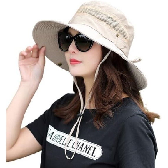 Alexvyan Round Crown Polyester Hat Sun Visor Hats For Women Wide Brim Summer Cap, Uv Protection Breathable Casual Beach Hat, Safari Hat Sun Protection Cap For Women Girl Men (Beige), Large