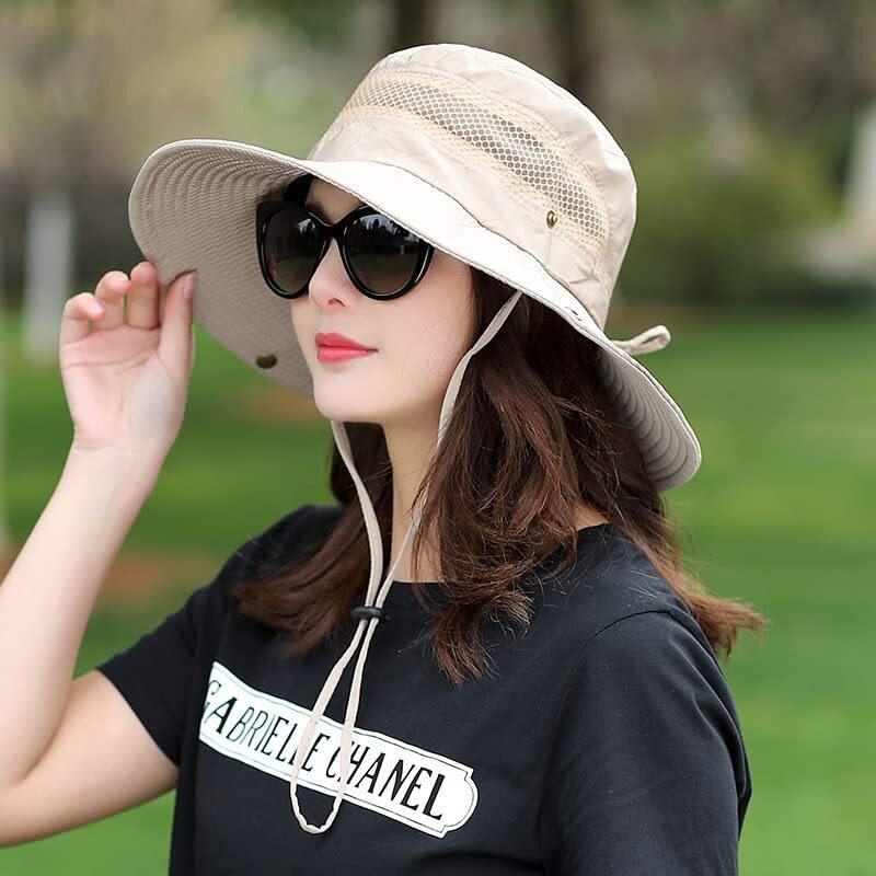 Alexvyan Round Crown Polyester Hat Sun Visor Hats For Women Wide Brim Summer Cap, Uv Protection Breathable Casual Beach Hat, Safari Hat Sun Protection Cap For Women Girl Men (Beige), Large
