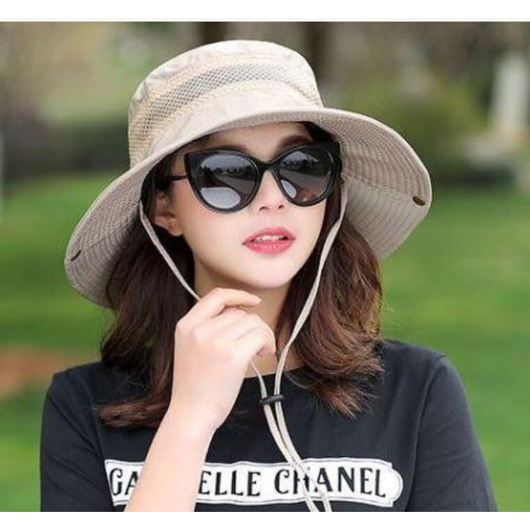 Alexvyan Round Crown Polyester Hat Sun Visor Hats For Women Wide Brim Summer Cap, Uv Protection Breathable Casual Beach Hat, Safari Hat Sun Protection Cap For Women Girl Men (Beige), Large