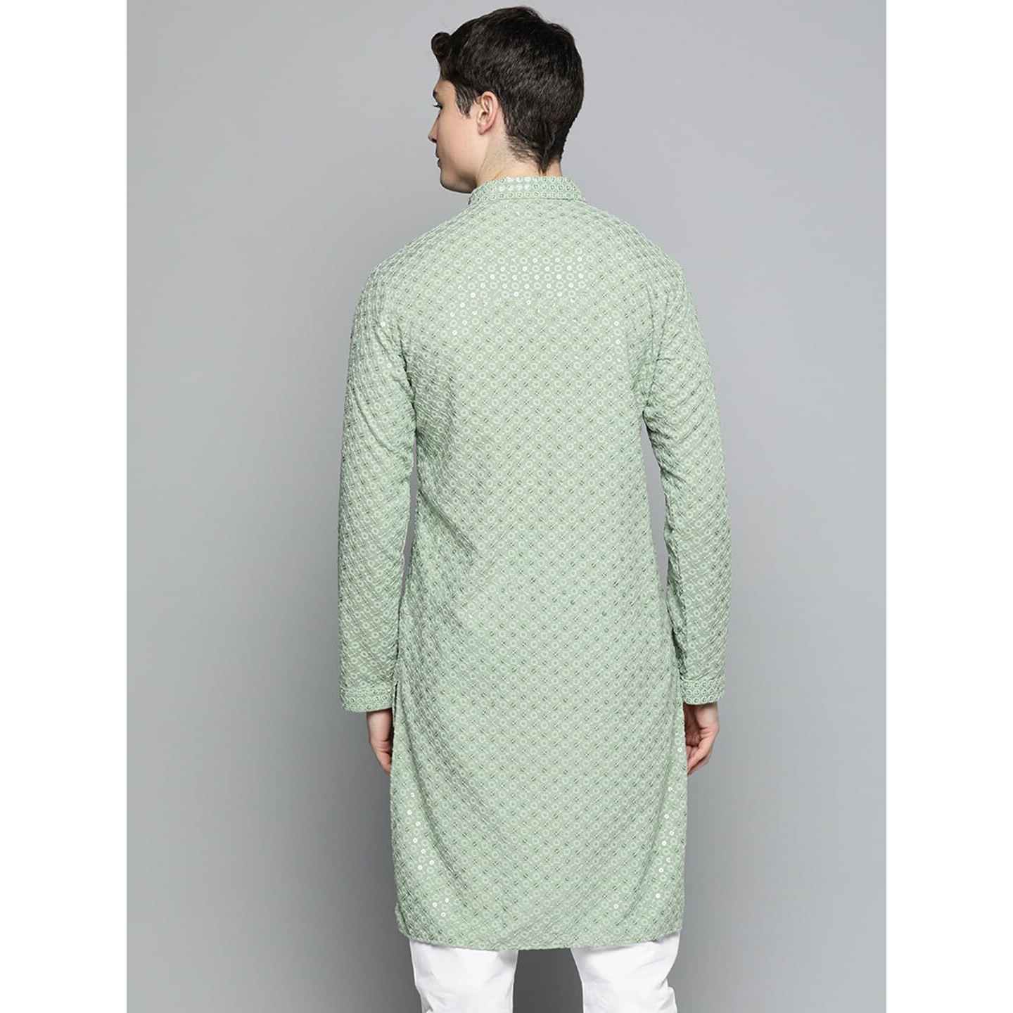 Jompers Men's Chikankari Embroidered And Sequence Kurtas (Pista, M)