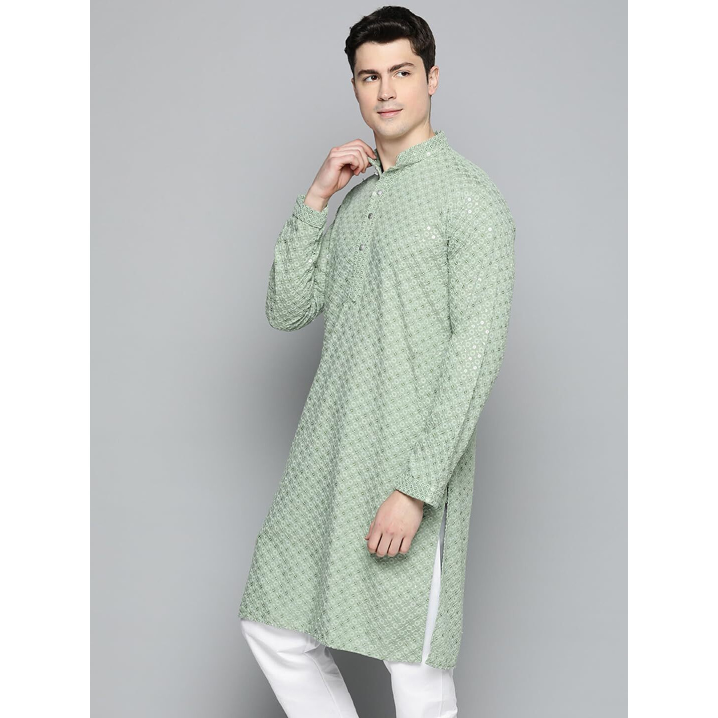 Jompers Men's Chikankari Embroidered And Sequence Kurtas (Pista, M)
