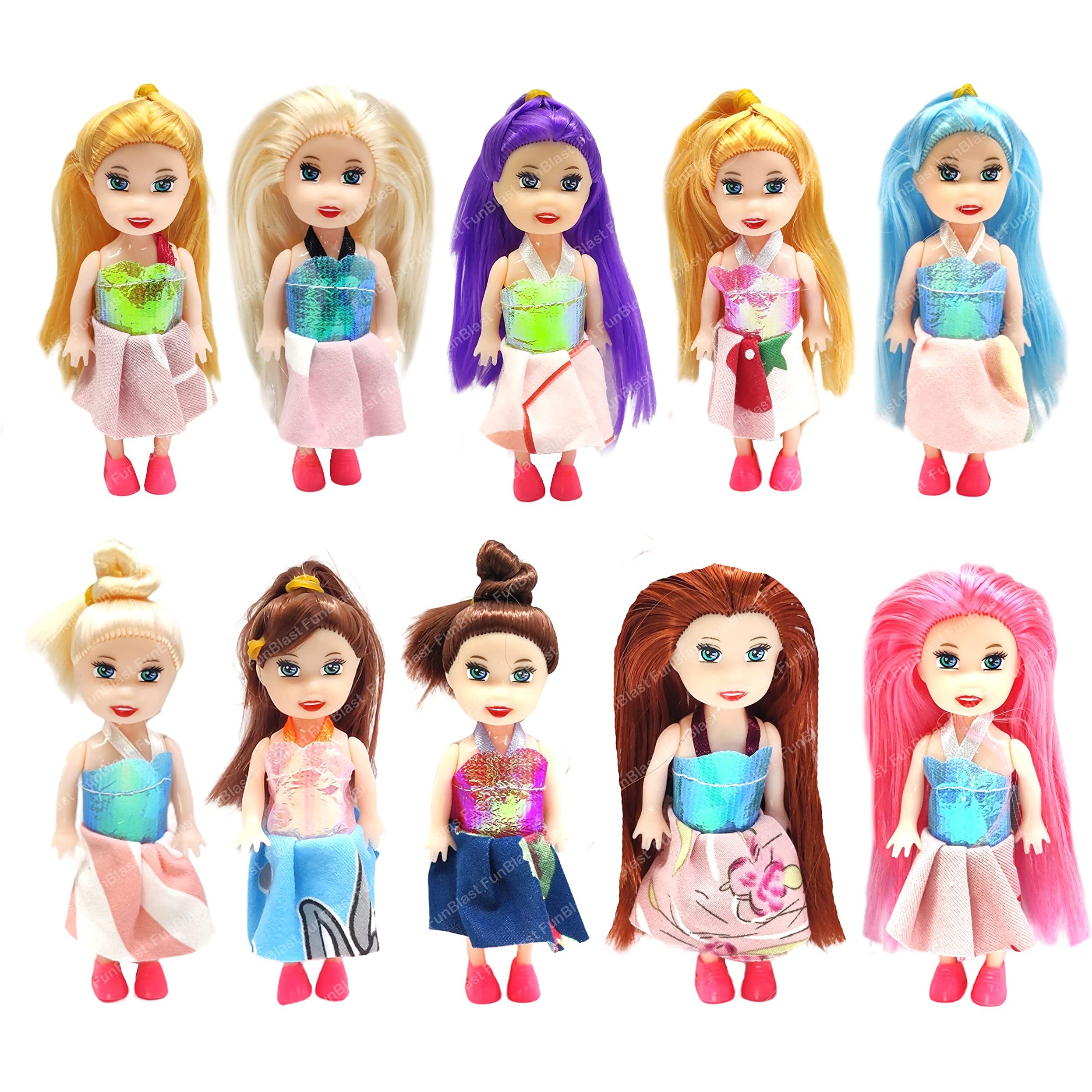 Funblast Doll Toys For Kids, (Pack Of 10 Pcs)- Small Doll For Girls- 10 Cm Cute Realistic Dolls For Girls, Dolls For 3+ Years Girls (Dress Color May Vary)