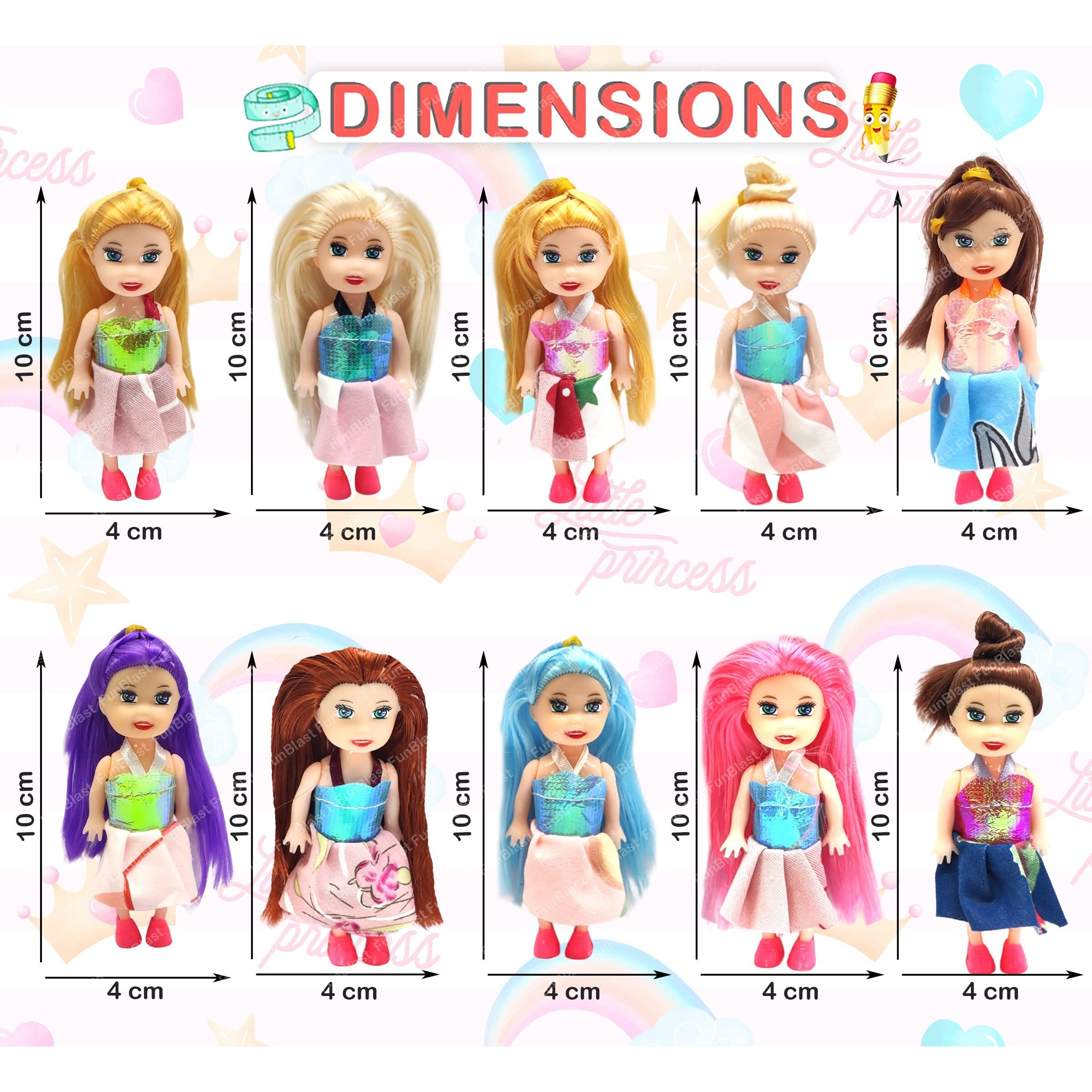 Funblast Doll Toys For Kids, (Pack Of 10 Pcs)- Small Doll For Girls- 10 Cm Cute Realistic Dolls For Girls, Dolls For 3+ Years Girls (Dress Color May Vary)
